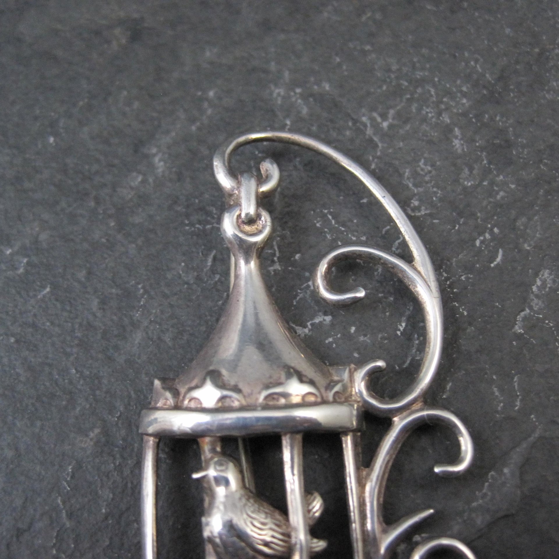 Vintage Sterling Silver Bird in Birdcage Brooch