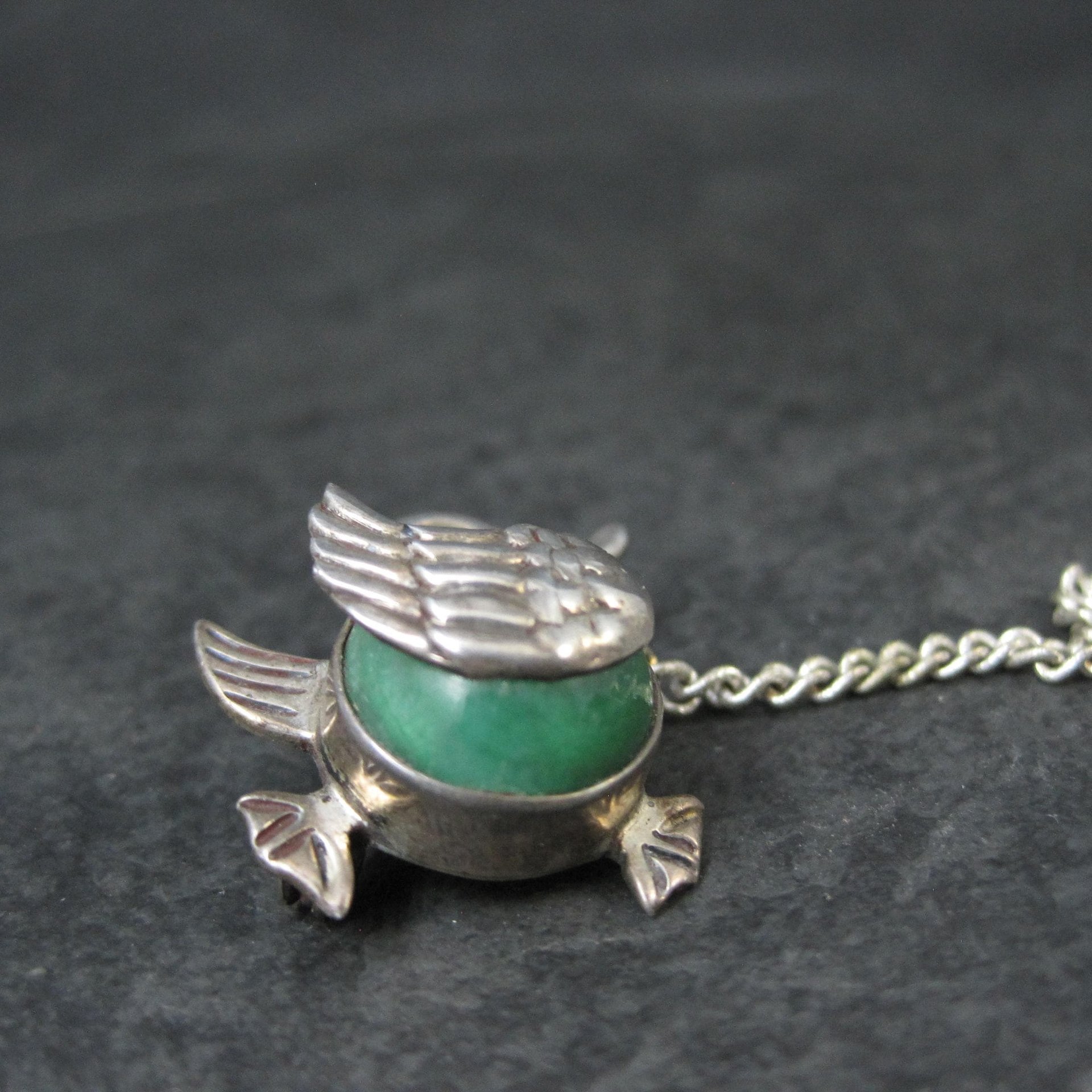 Vintage Sterling Green Calcite Mama Duck & Duckling Brooch Mexican Silver