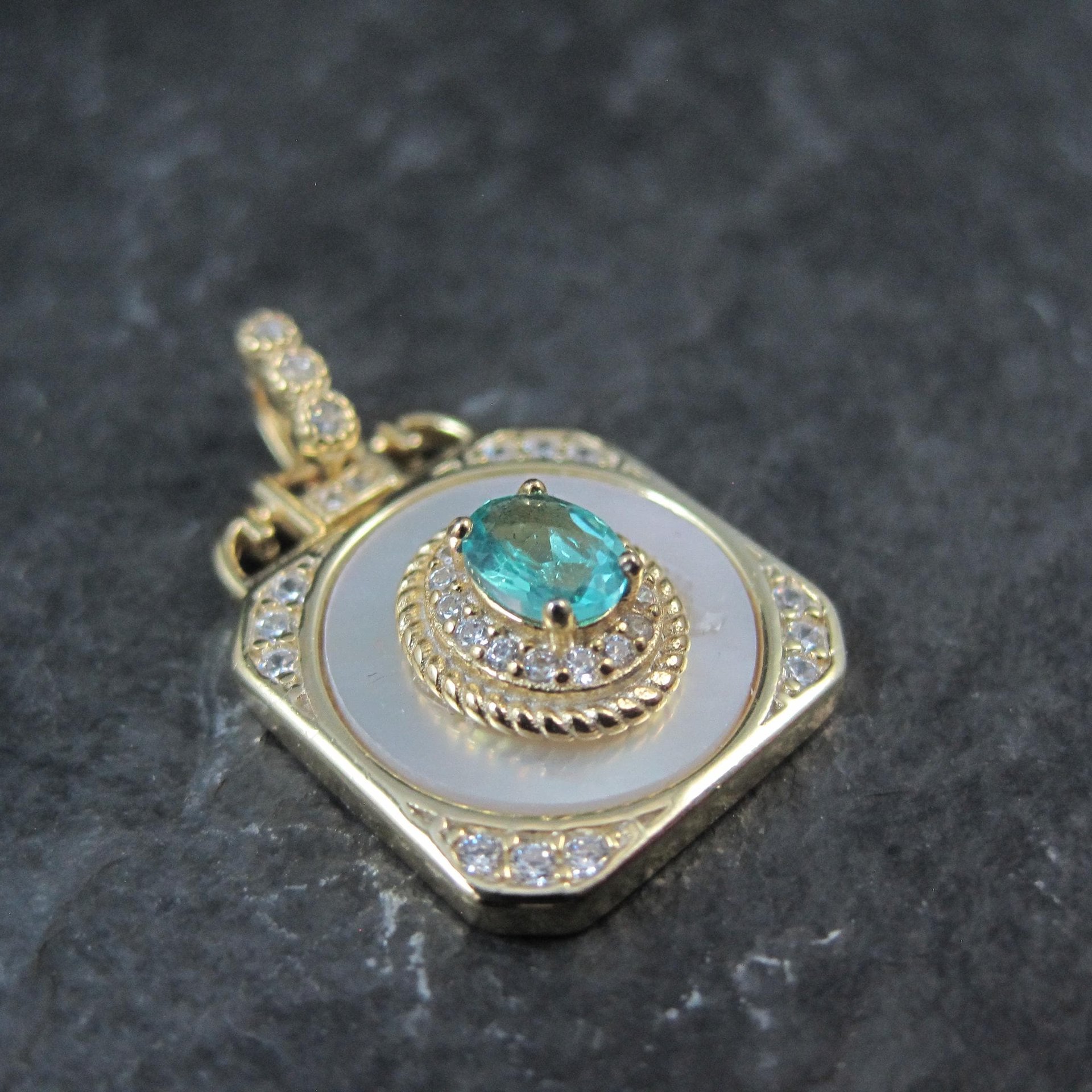 Apatite White Zircon Mother of Pearl Pendant Vermeil Sterling Estate