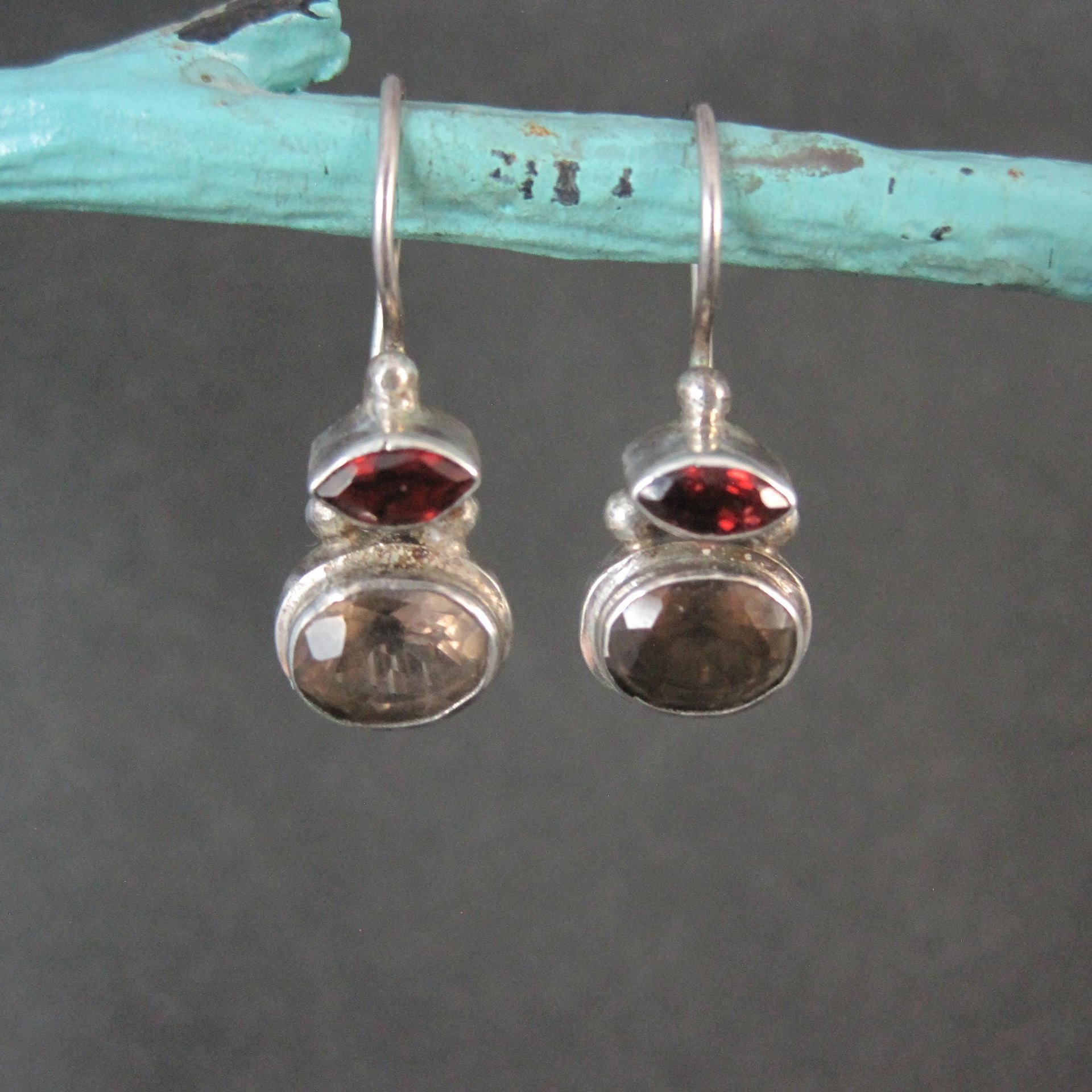 Sterling Garnet Smoky Quartz Earrings Latch Back