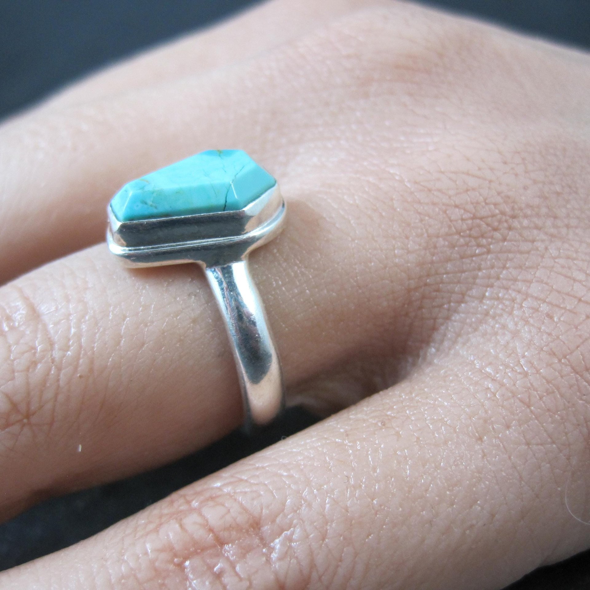 Turquoise Coffin Ring Sterling Silver Size 6.5