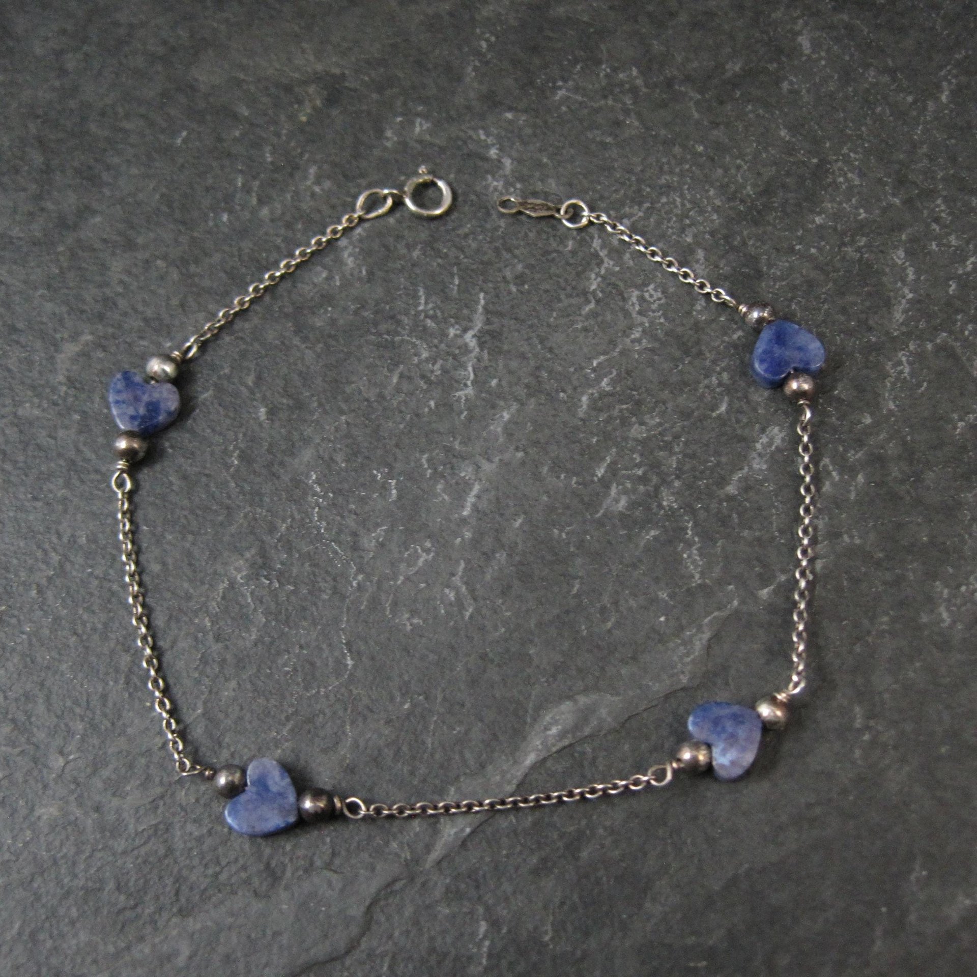 Dainty Vintage Sodalite Heart Bracelet Sterling Silver 7.5"