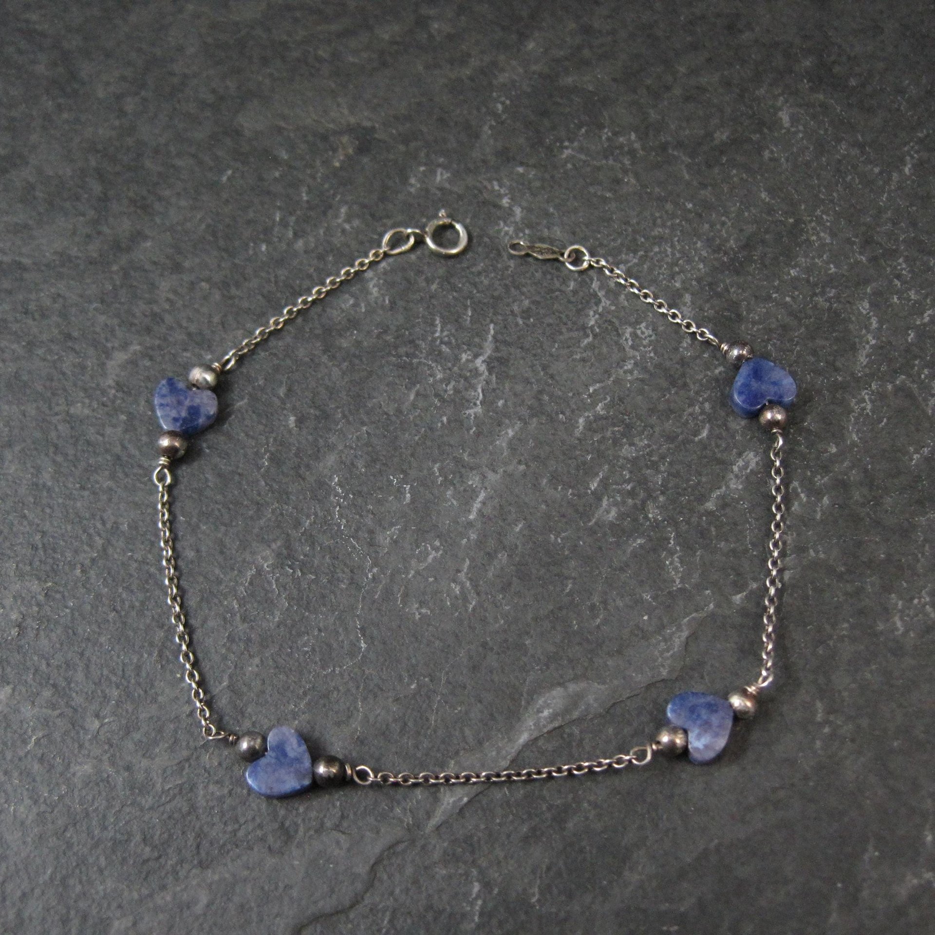 Dainty Vintage Sodalite Heart Bracelet Sterling Silver 7.5"