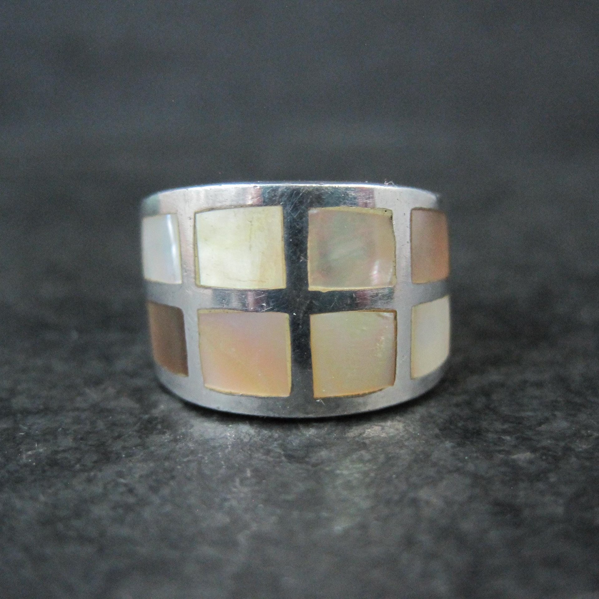 Wide Mother of Pearl Sterling Silver Band Ring Size 6 Vintage