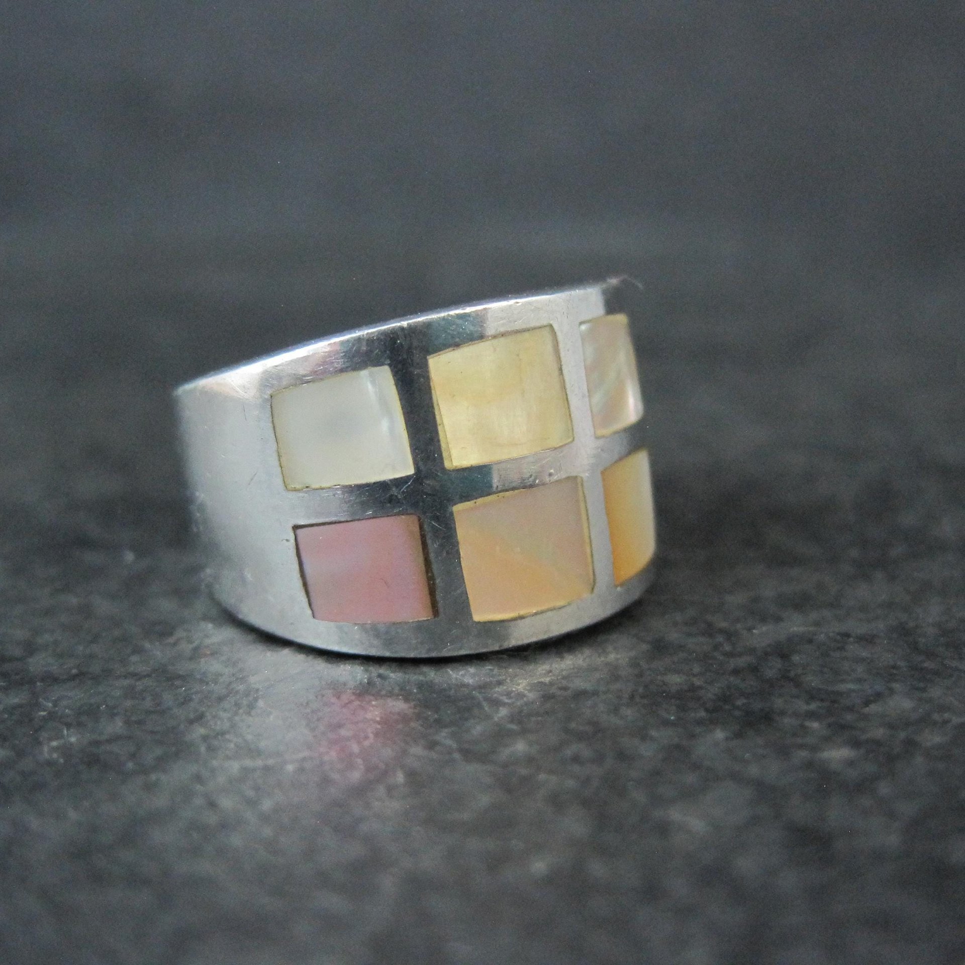 Wide Mother of Pearl Sterling Silver Band Ring Size 6 Vintage