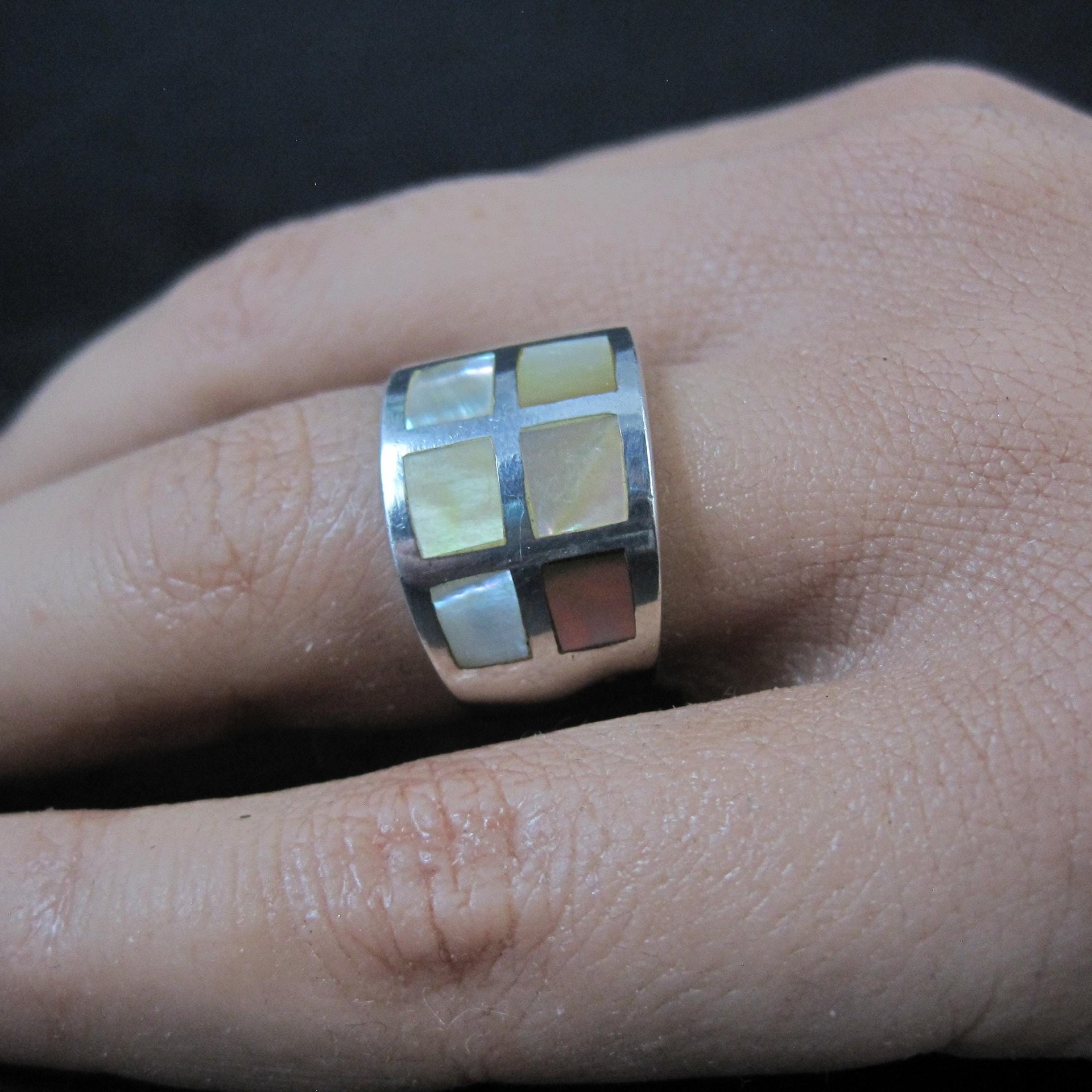 Wide Mother of Pearl Sterling Silver Band Ring Size 6 Vintage