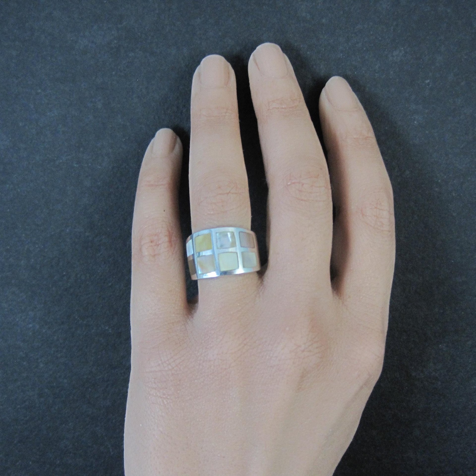 Wide Mother of Pearl Sterling Silver Band Ring Size 6 Vintage