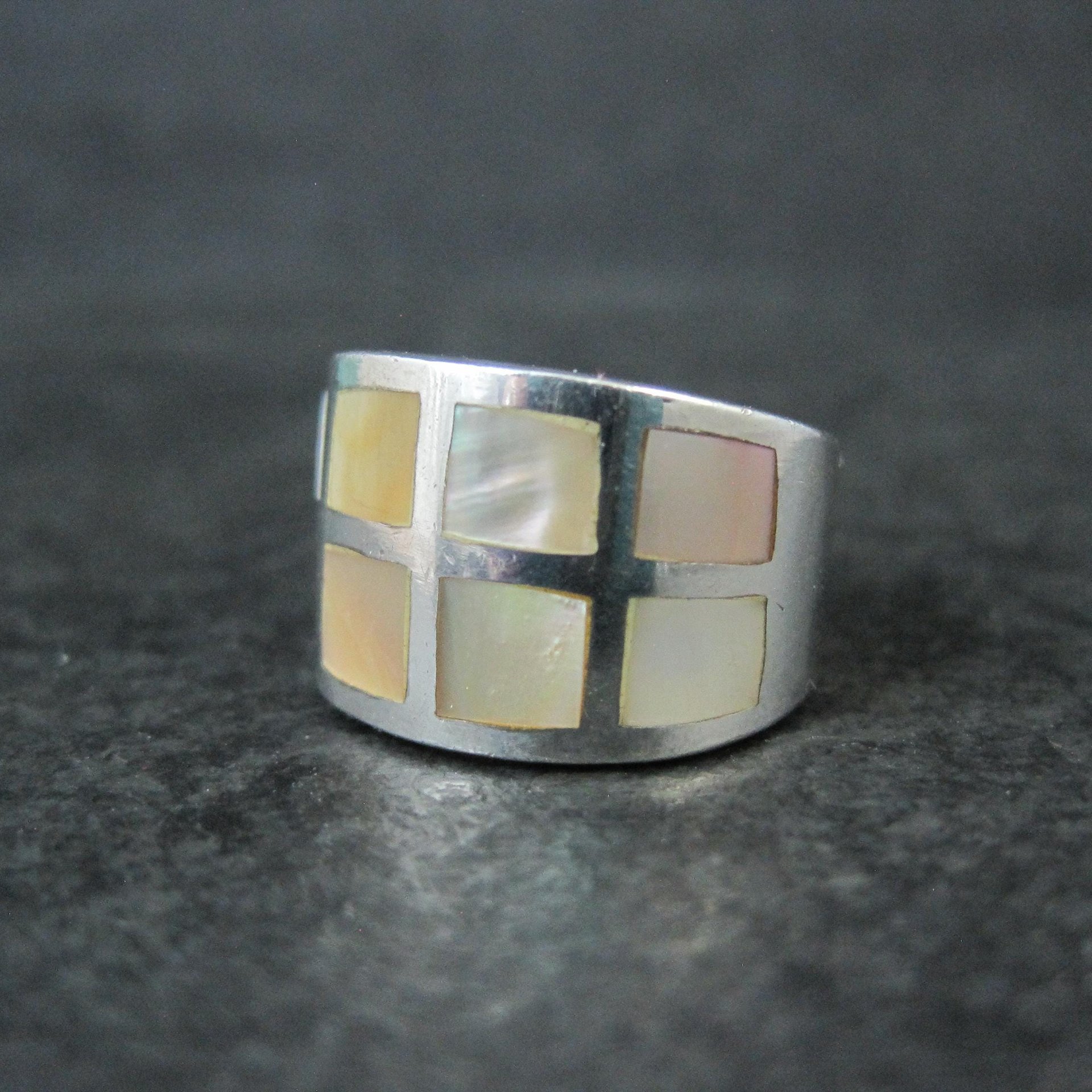 Wide Mother of Pearl Sterling Silver Band Ring Size 6 Vintage