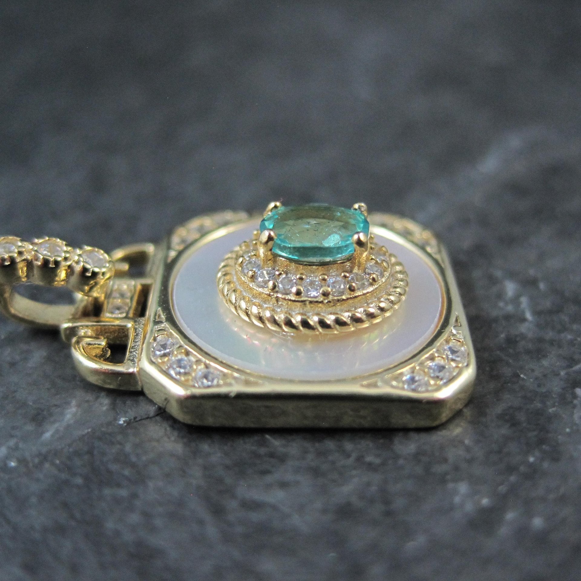 Apatite White Zircon Mother of Pearl Pendant Vermeil Sterling Estate