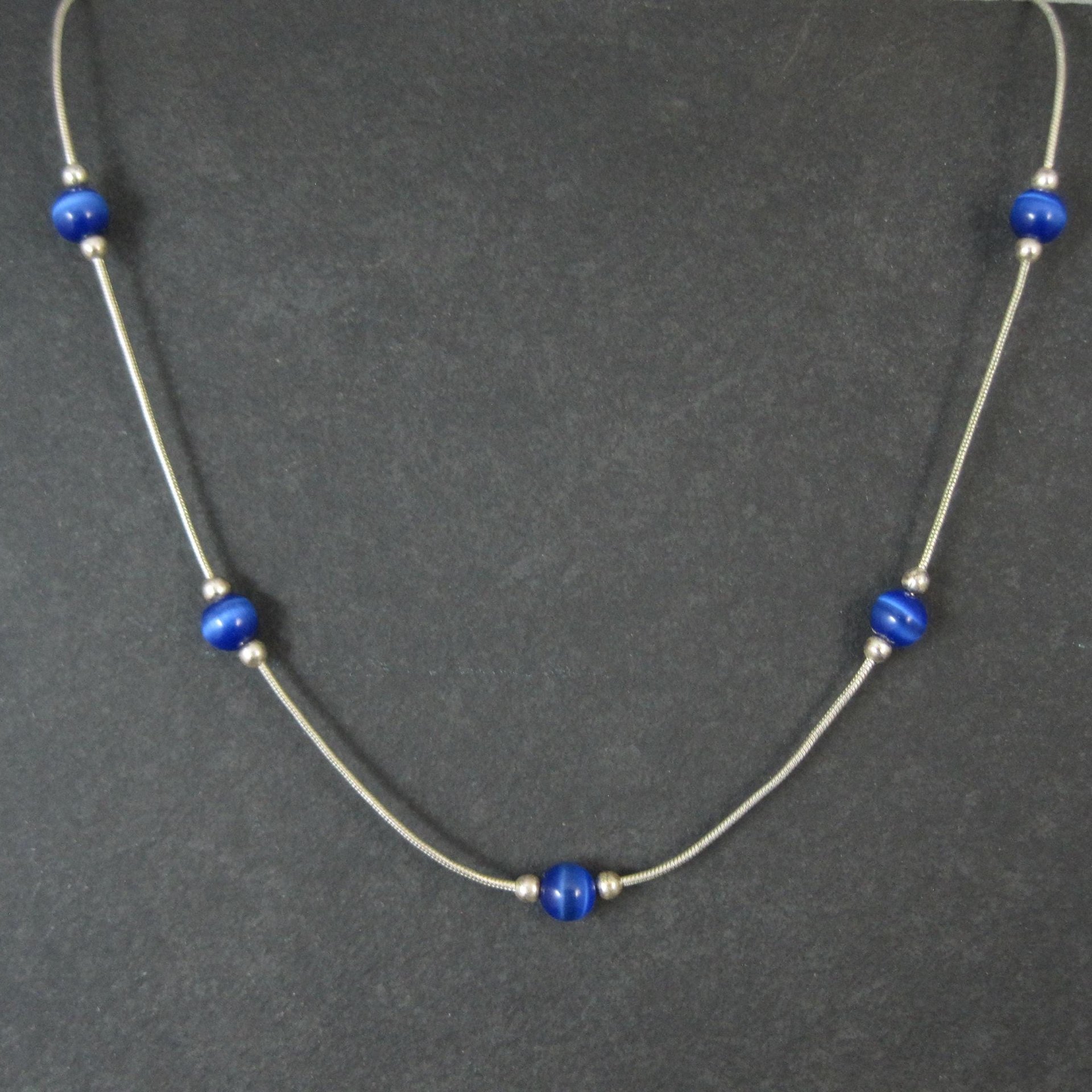 1990s Sterling Silver Blue Cats Eye Bead Necklace 16"