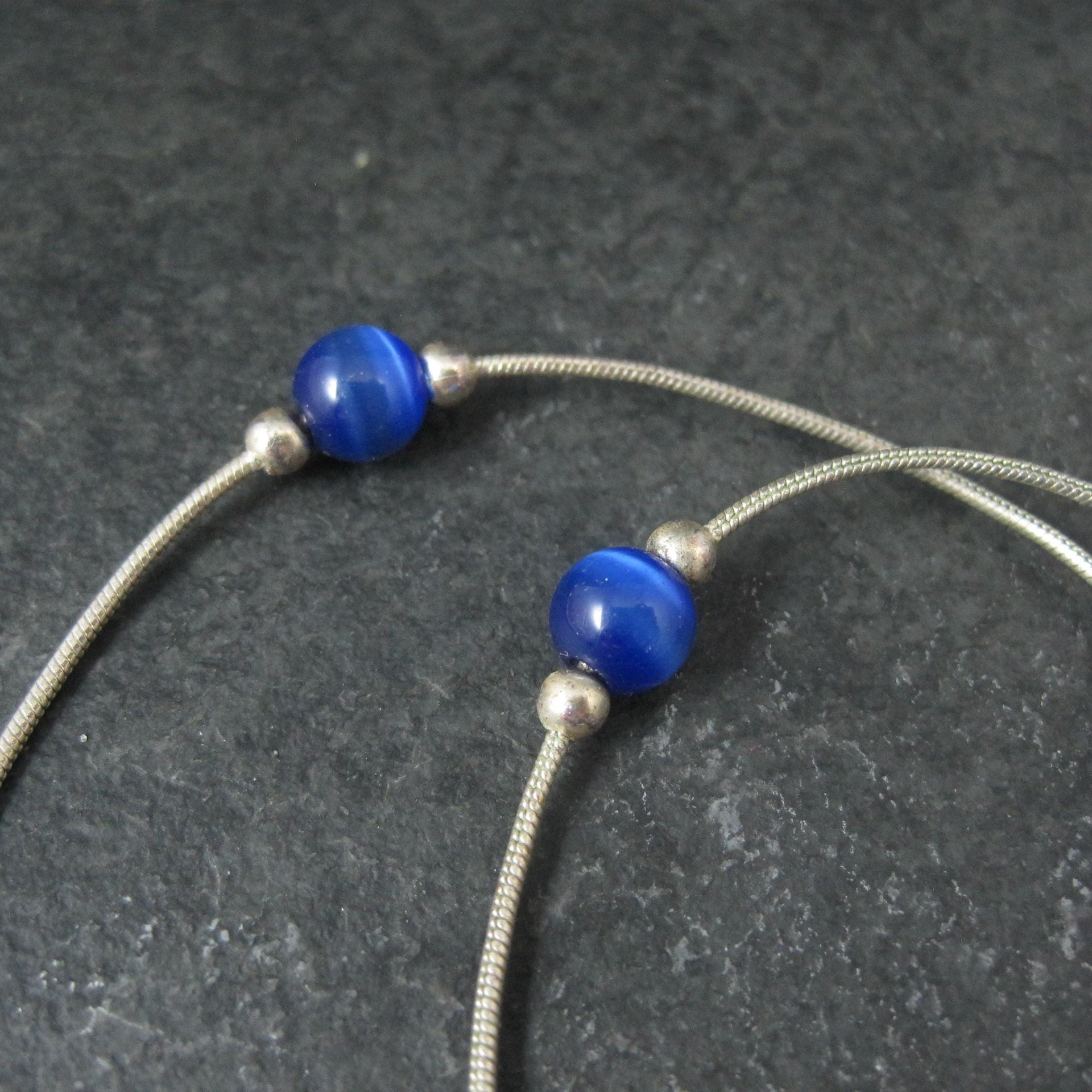 1990s Sterling Silver Blue Cats Eye Bead Necklace 16"