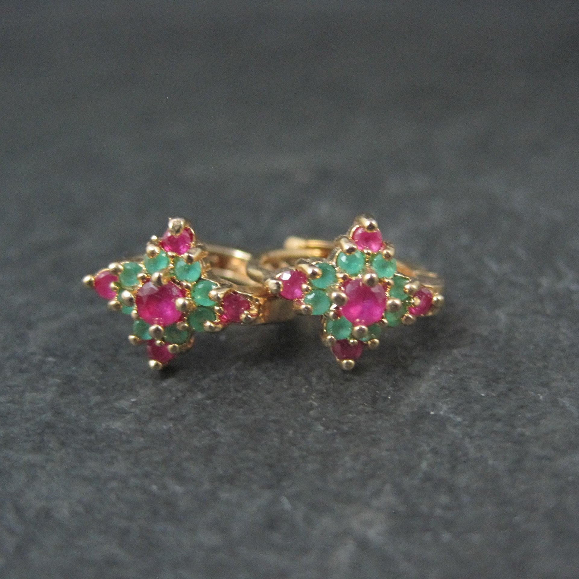 Small Vintage 9K Ruby and Emerald Hoop Earrings 5/8"