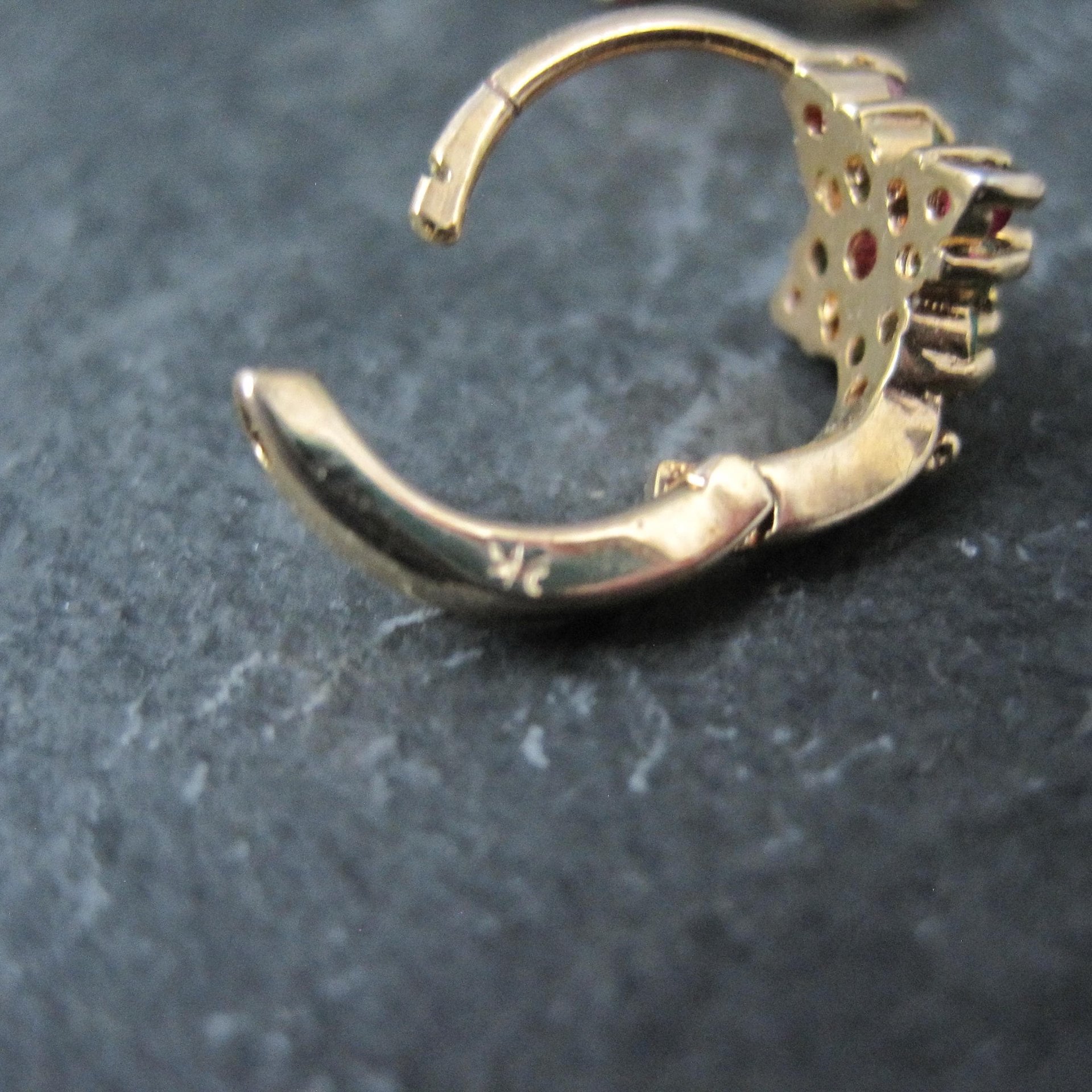 Small Vintage 9K Ruby and Emerald Hoop Earrings 5/8"