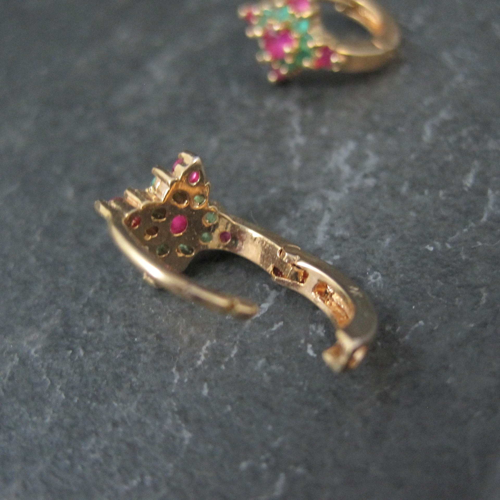 Small Vintage 9K Ruby and Emerald Hoop Earrings 5/8"