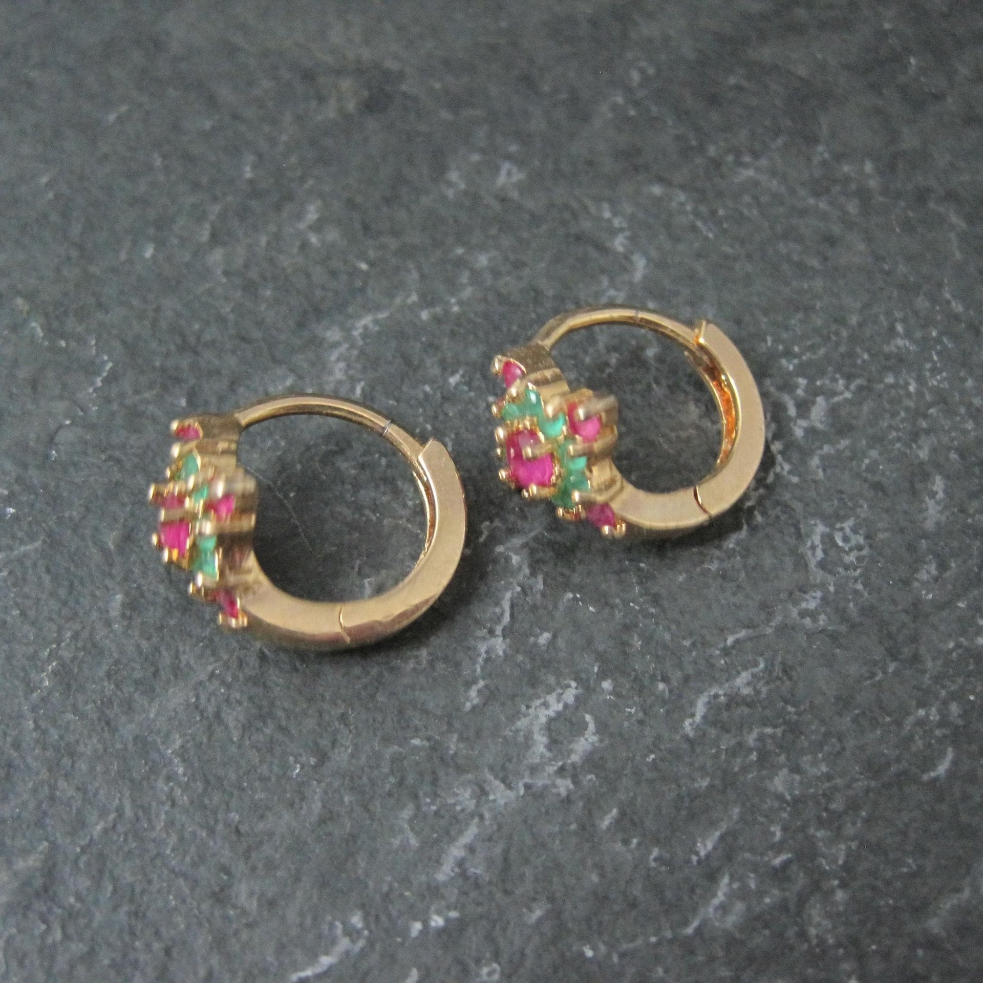 Small Vintage 9K Ruby and Emerald Hoop Earrings 5/8"