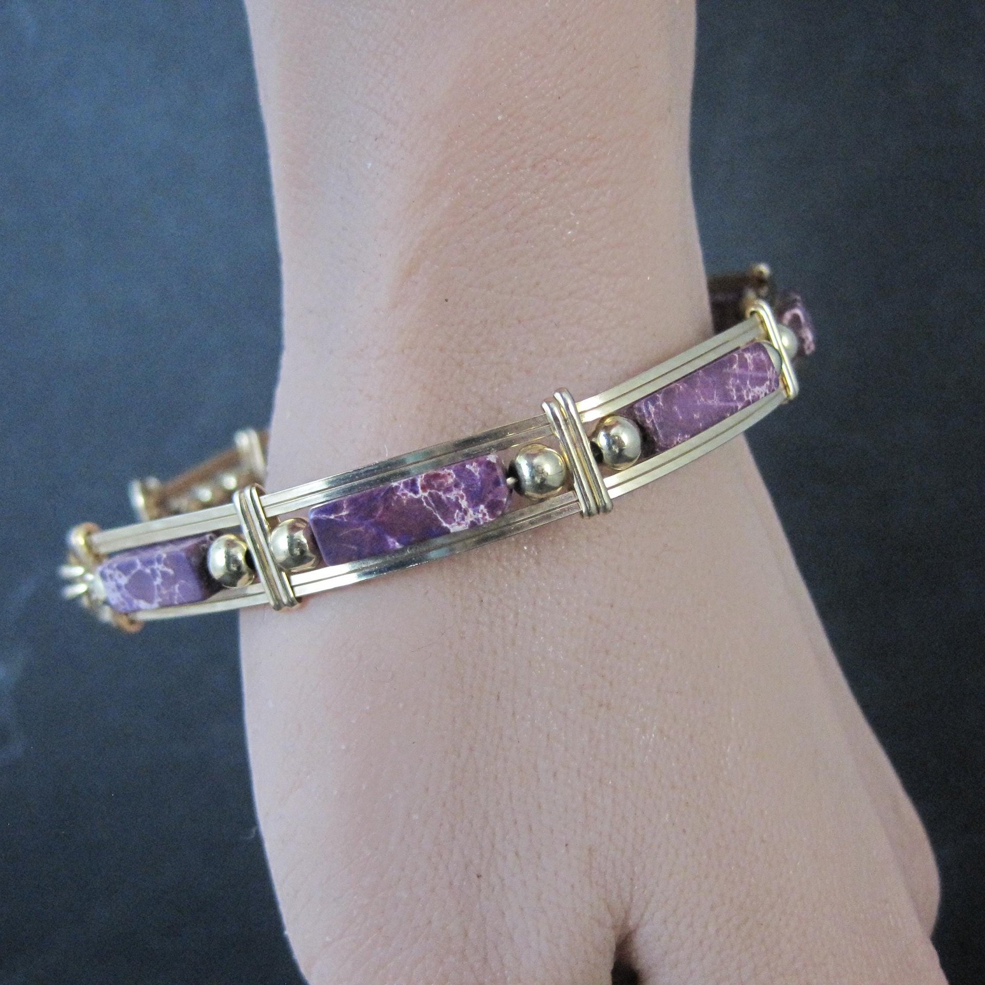 Purple Jasper Wire Wrapped Bangle Bracelet 14K Gold Filled 7.25"