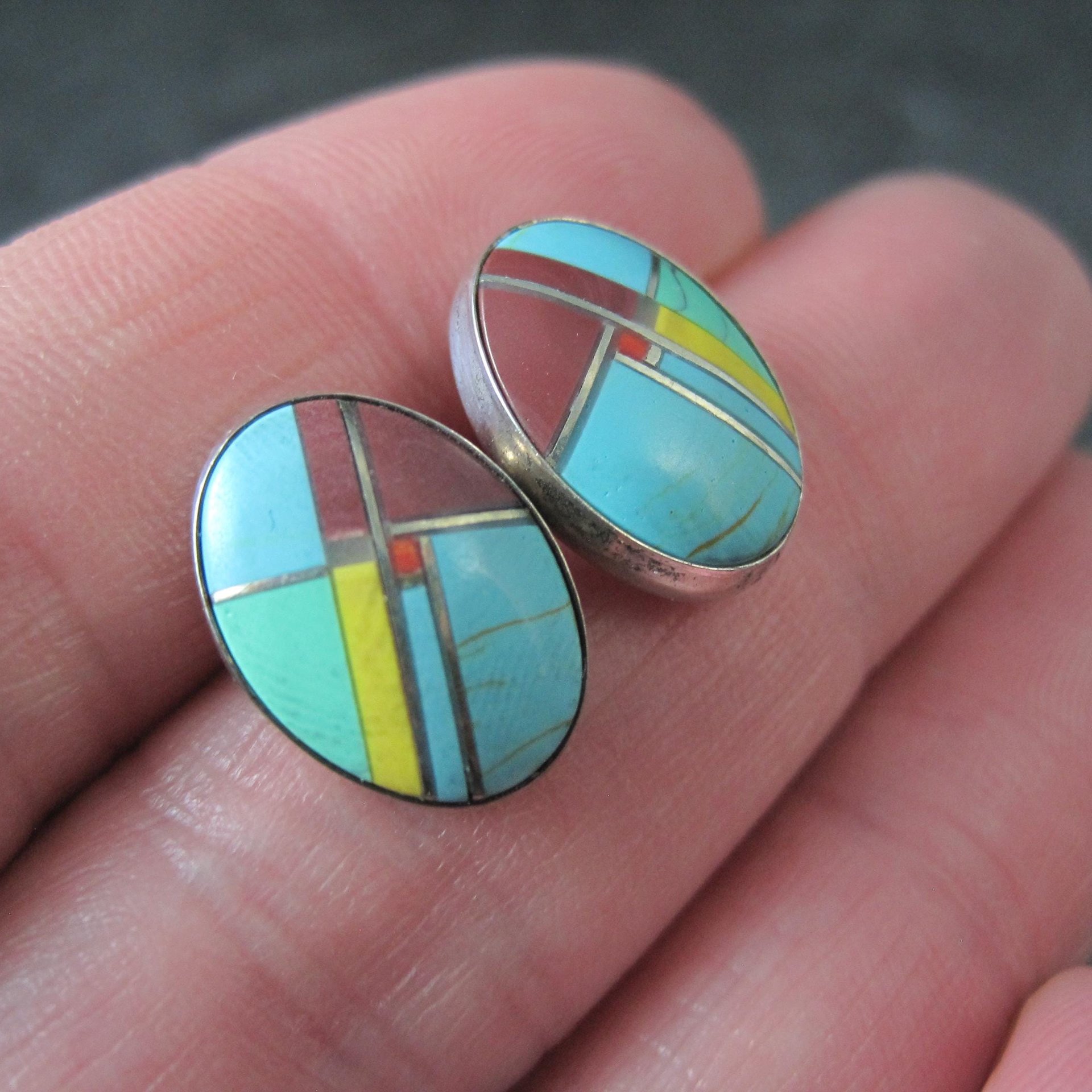 Vintage Sterling Inlay Earrings Southwestern Silver