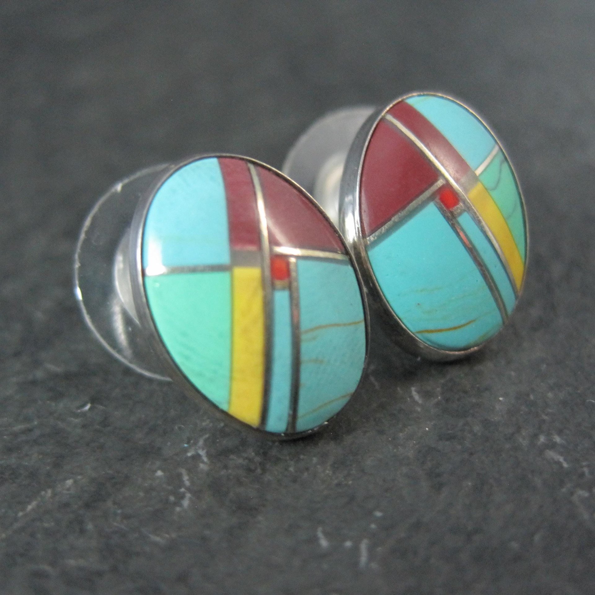 Vintage Sterling Inlay Earrings Southwestern Silver