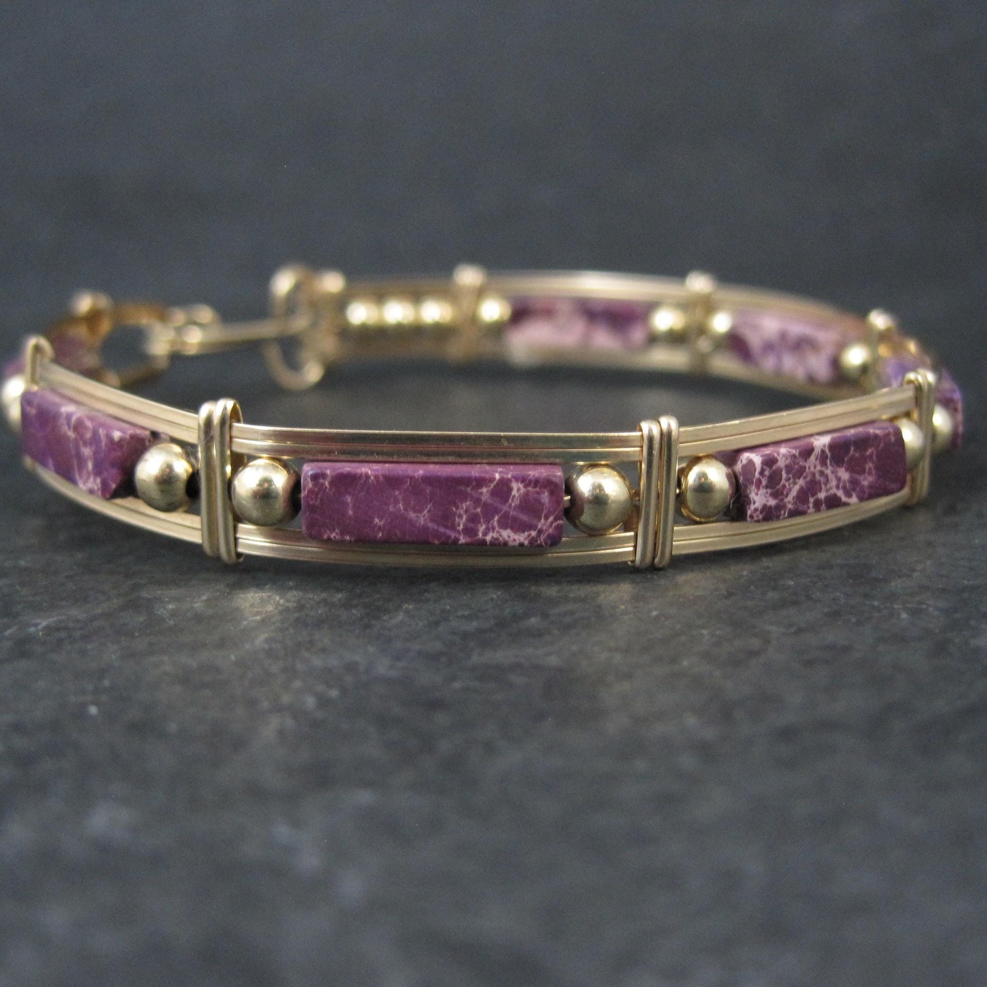 Purple Jasper Wire Wrapped Bangle Bracelet 14K Gold Filled 7.25"