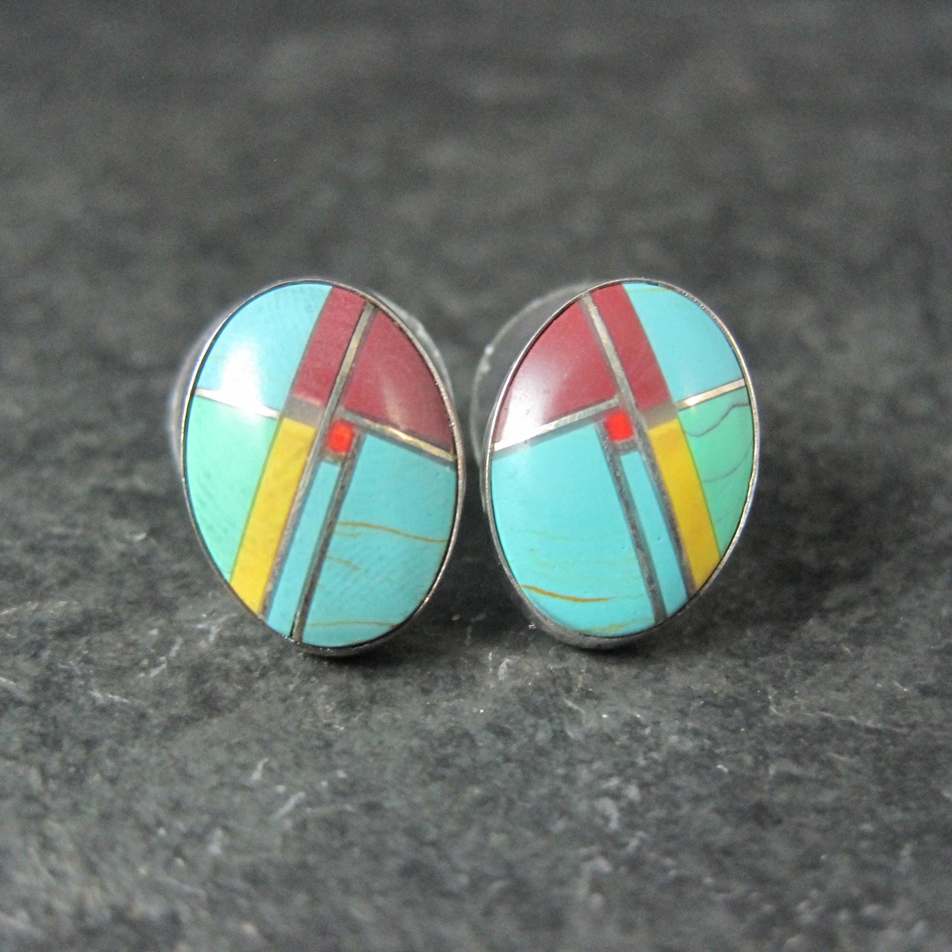 Vintage Sterling Inlay Earrings Southwestern Silver