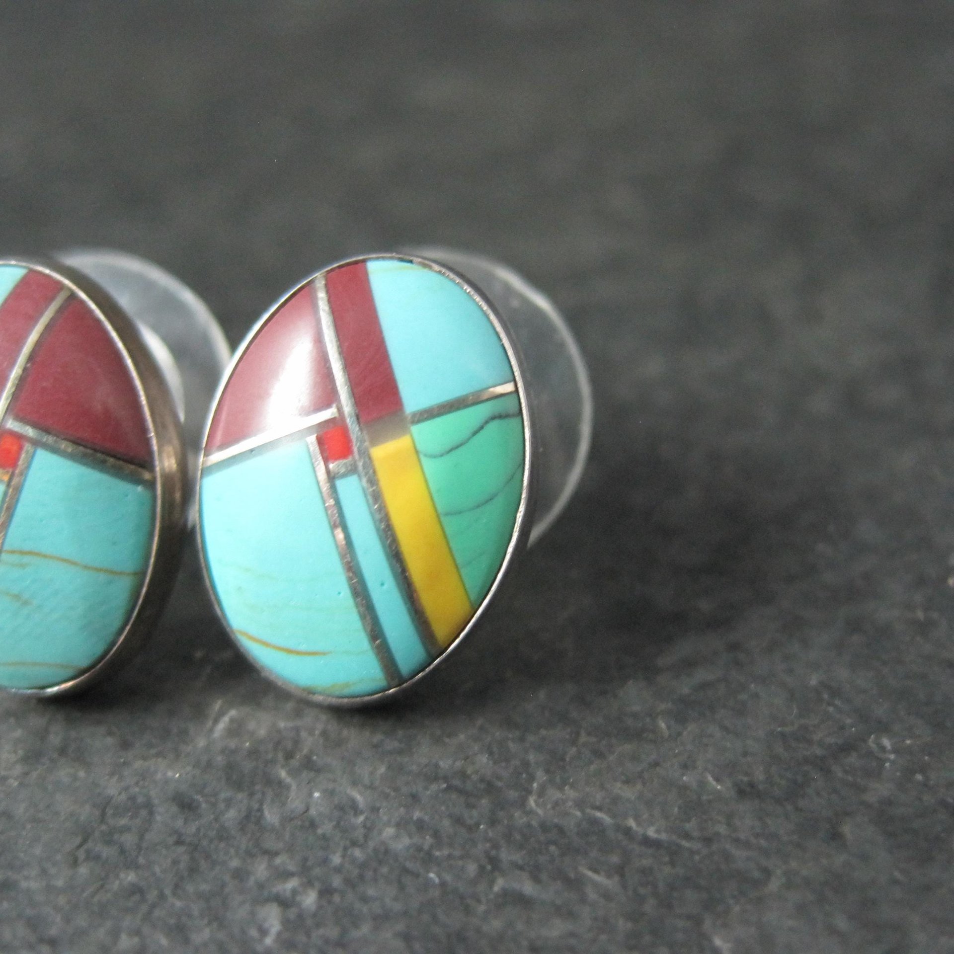 Vintage Sterling Inlay Earrings Southwestern Silver