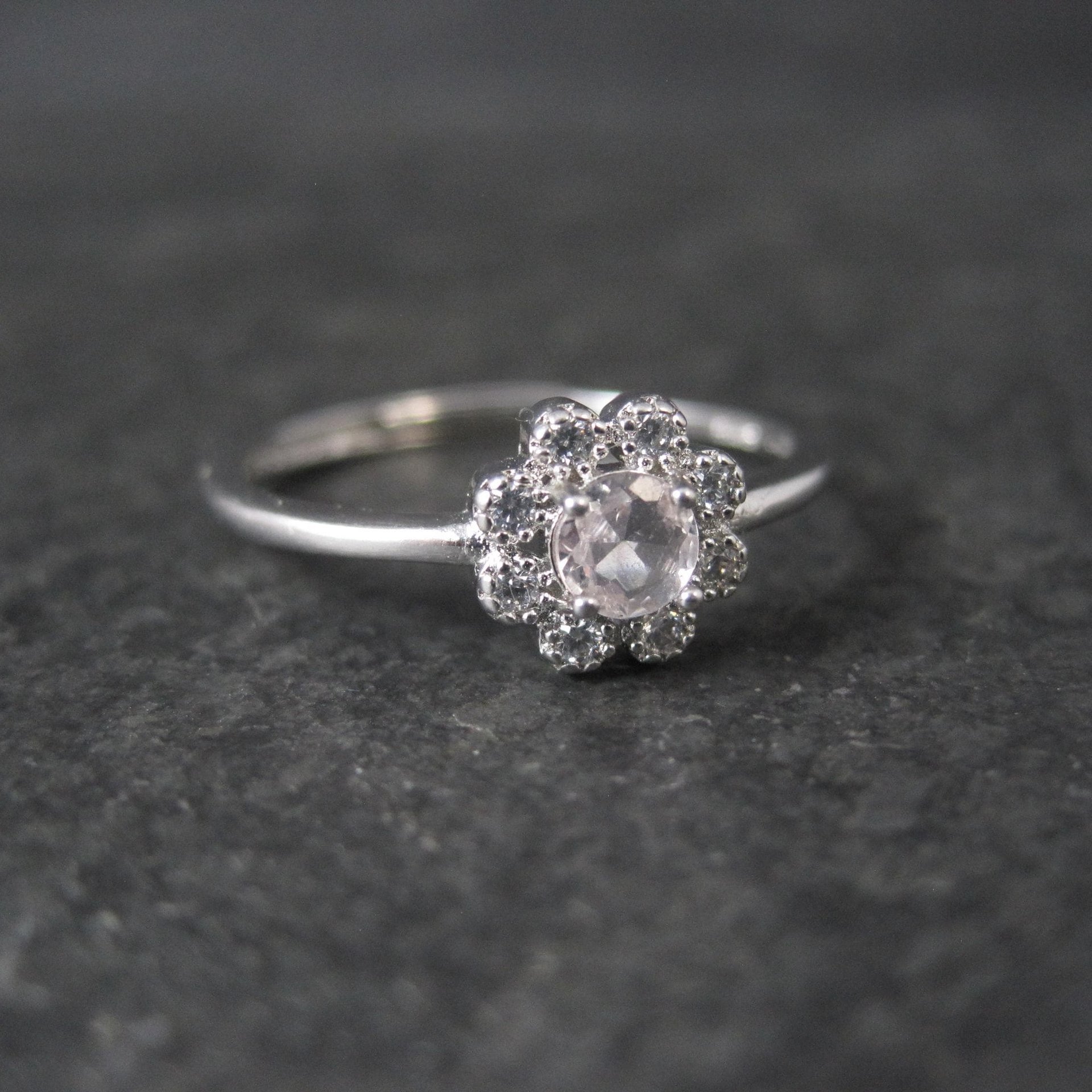 Dainty Rose Quartz Flower Ring Adjustable Size 8 in Sterling Silver