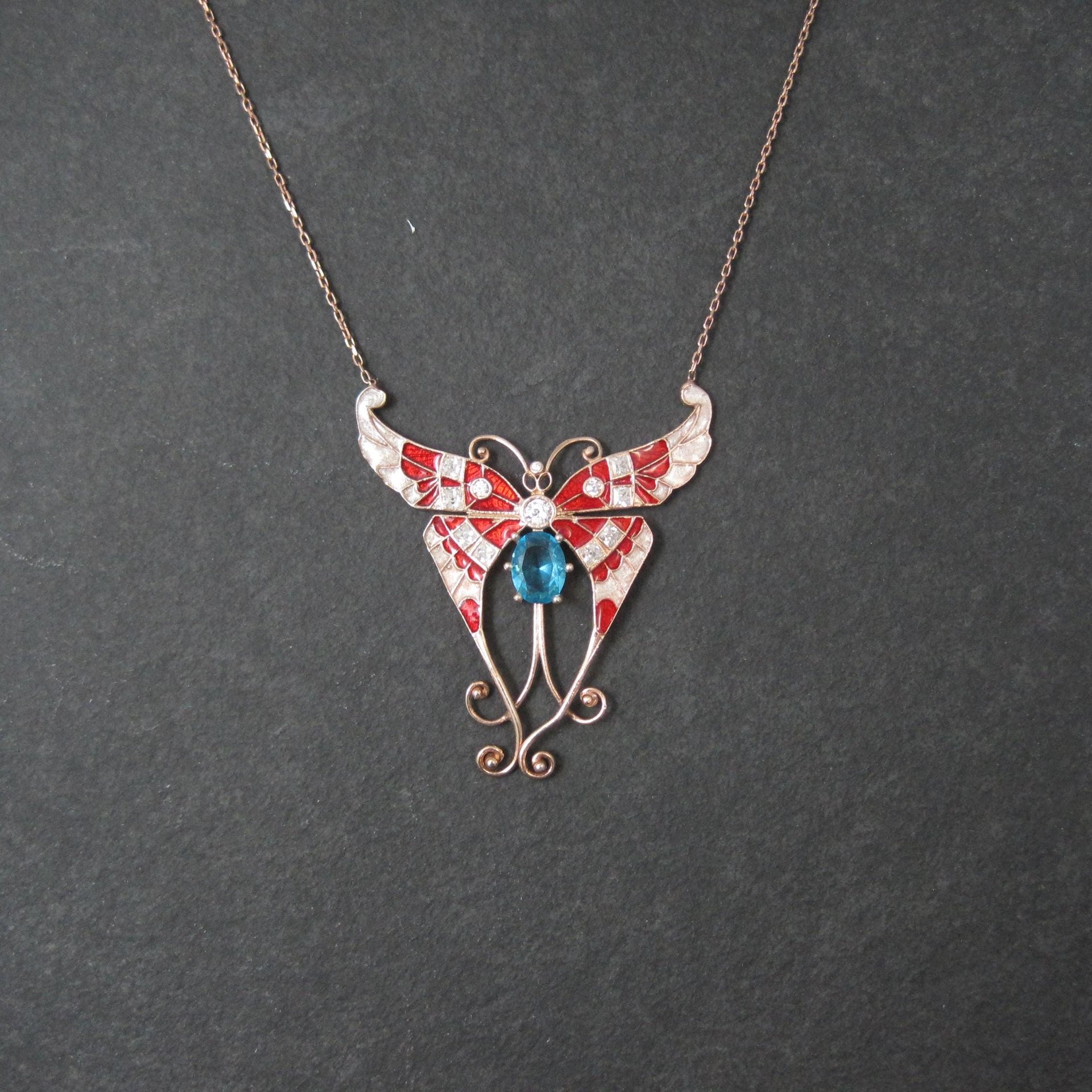 Red White and Blue Enamel Butterfly Necklace Gold Vermeil over Sterling Silver
