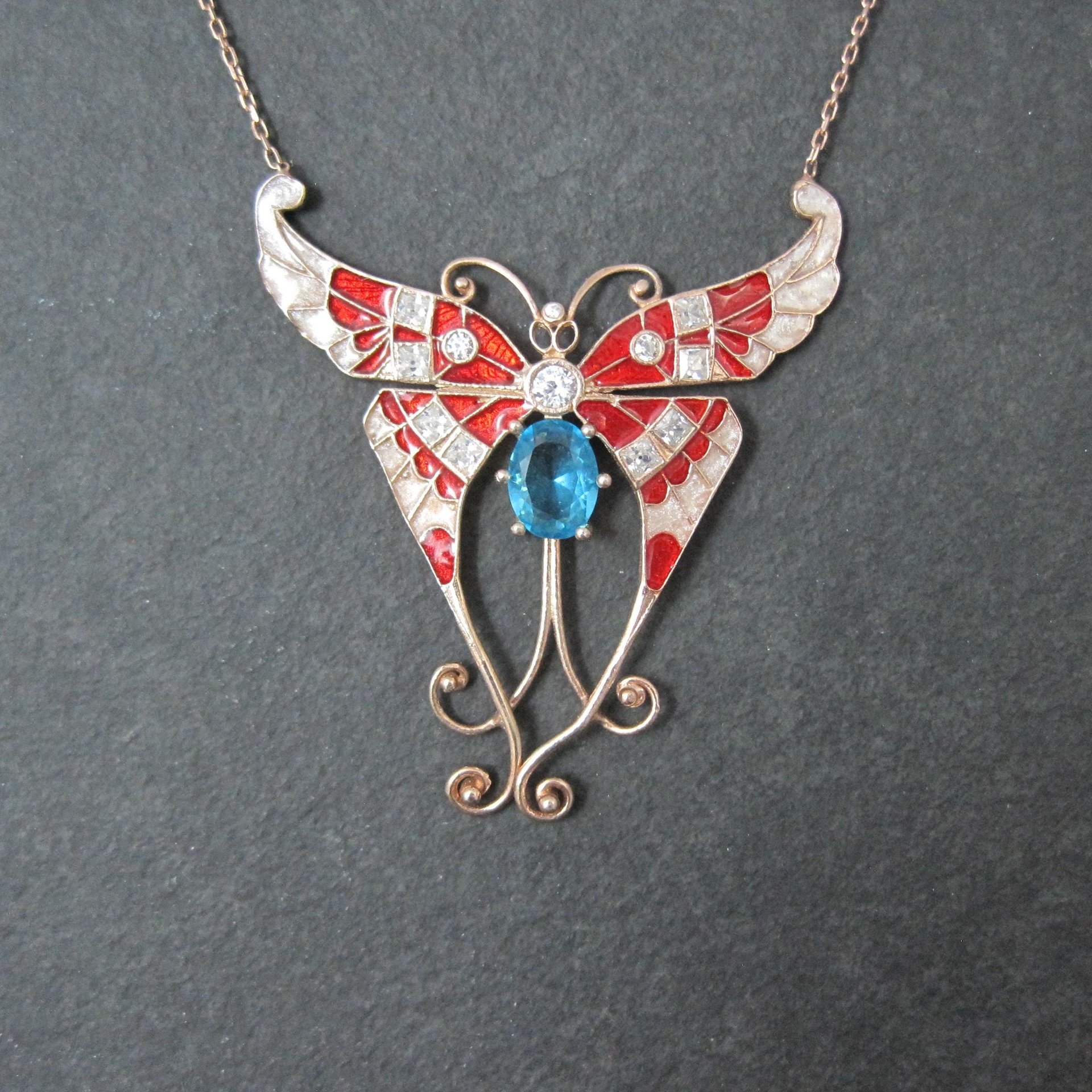 Red White and Blue Enamel Butterfly Necklace Gold Vermeil over Sterling Silver