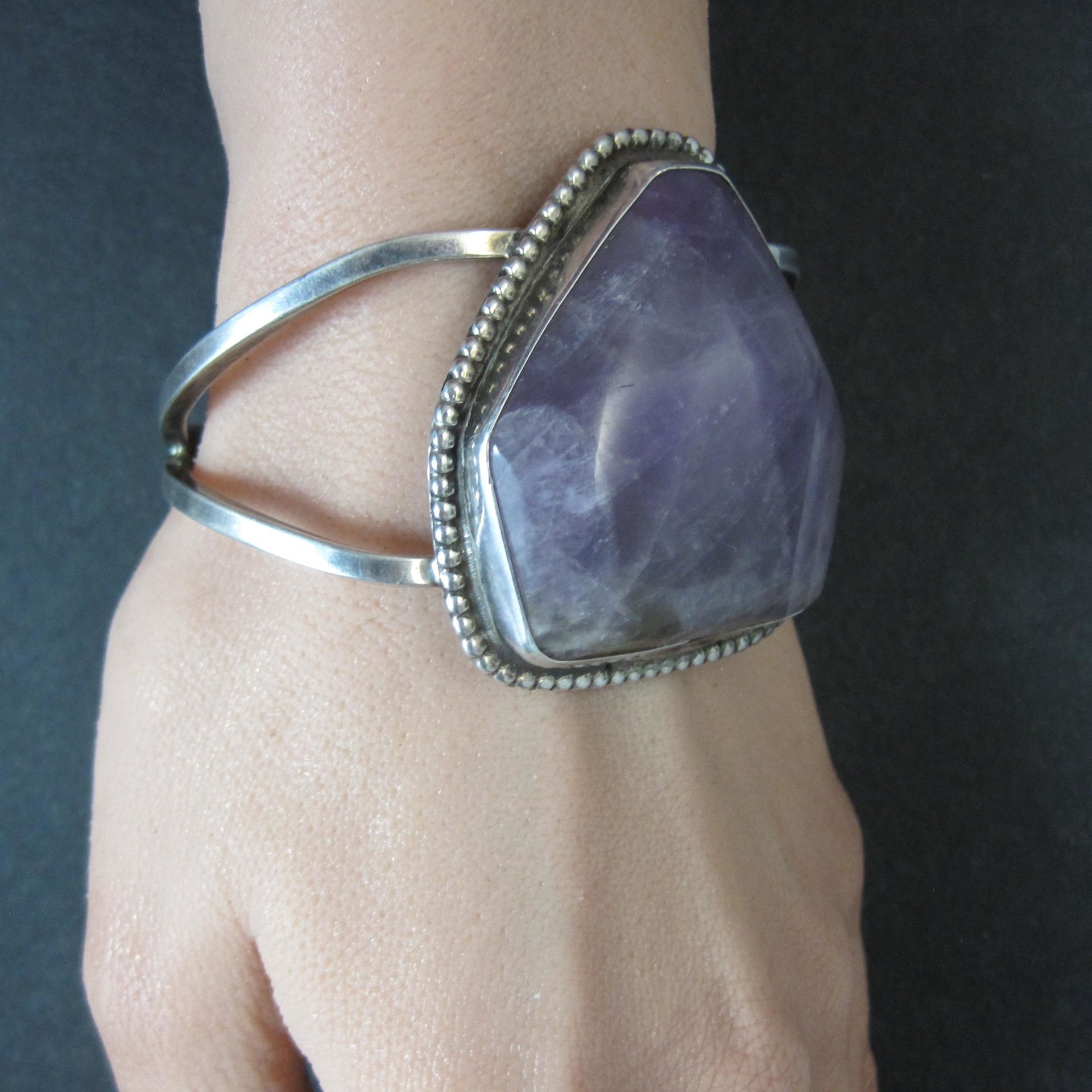 Large 925 Amethyst Cuff Bracelet 6.5" Estate Jewelry