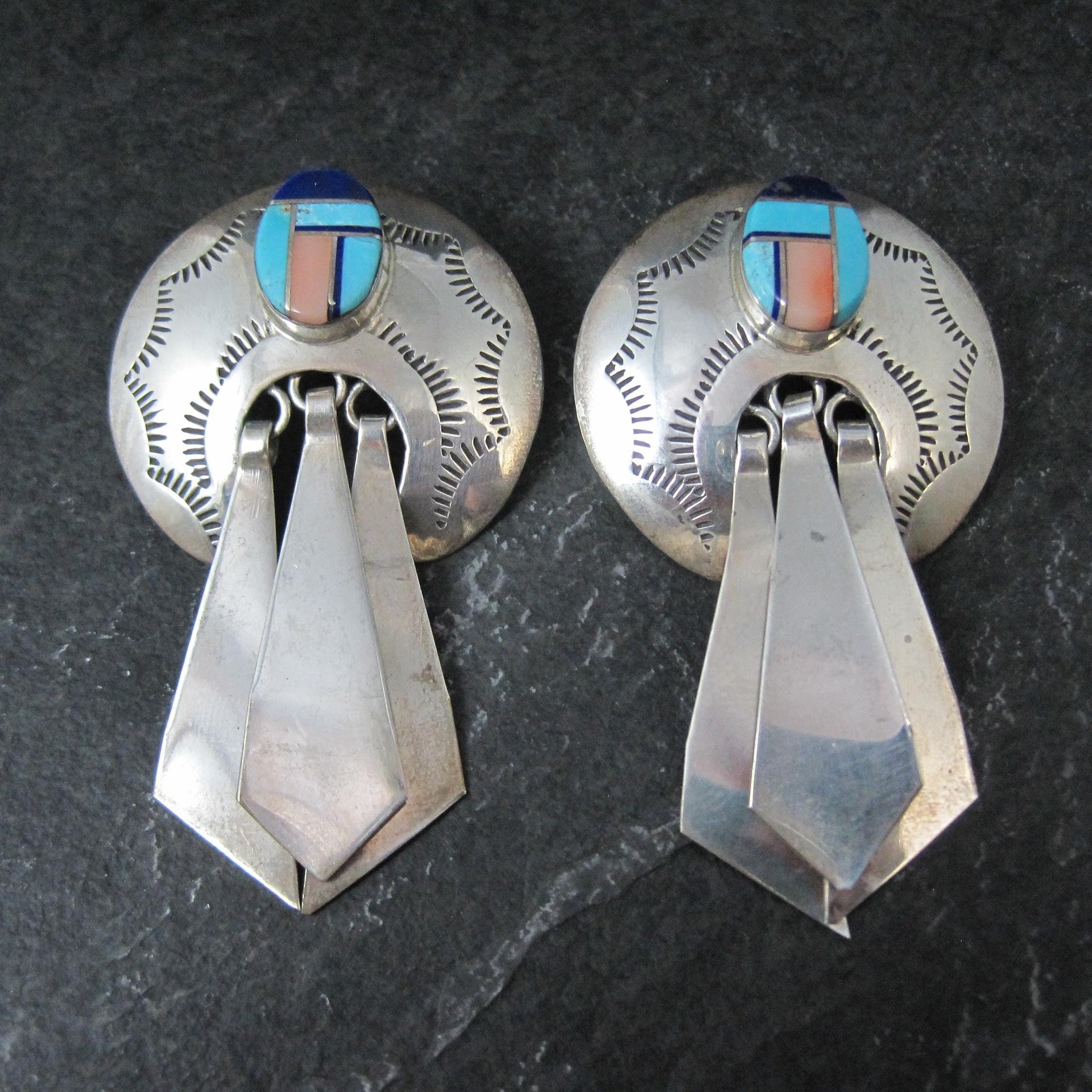 Large Southwestern Sterling Inlay Earrings Turquoise Lapis Spiny Oyster