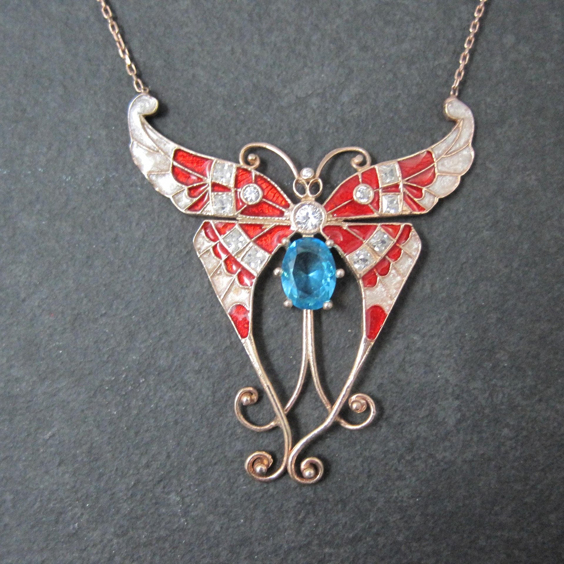 Red White and Blue Enamel Butterfly Necklace Gold Vermeil over Sterling Silver