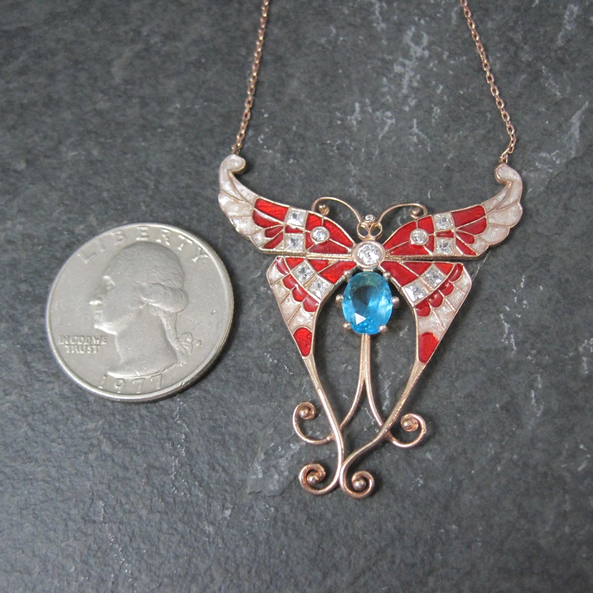 Red White and Blue Enamel Butterfly Necklace Gold Vermeil over Sterling Silver