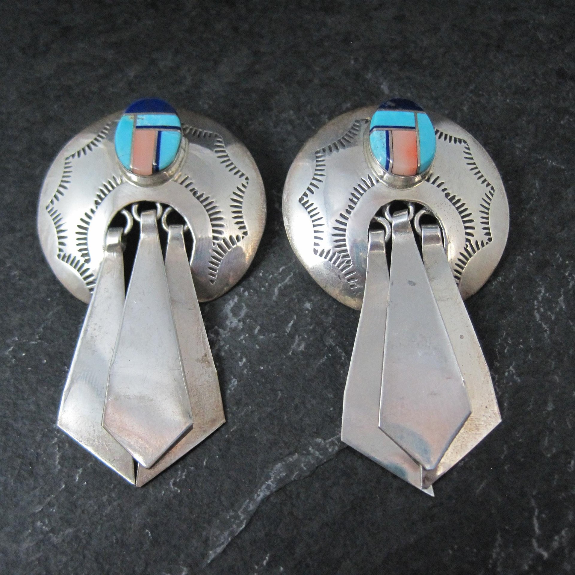 Large Southwestern Sterling Inlay Earrings Turquoise Lapis Spiny Oyster