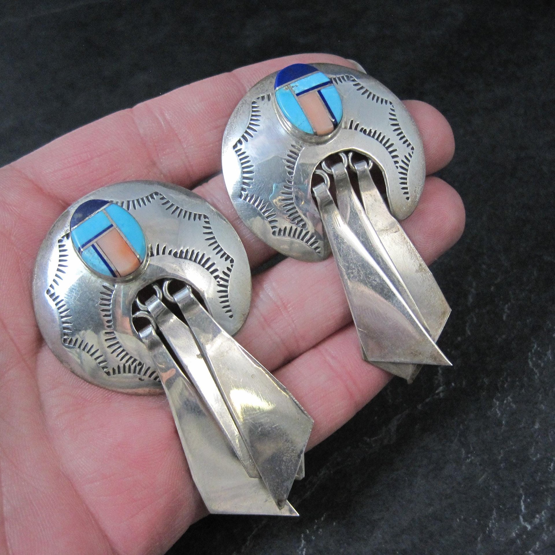 Large Southwestern Sterling Inlay Earrings Turquoise Lapis Spiny Oyster