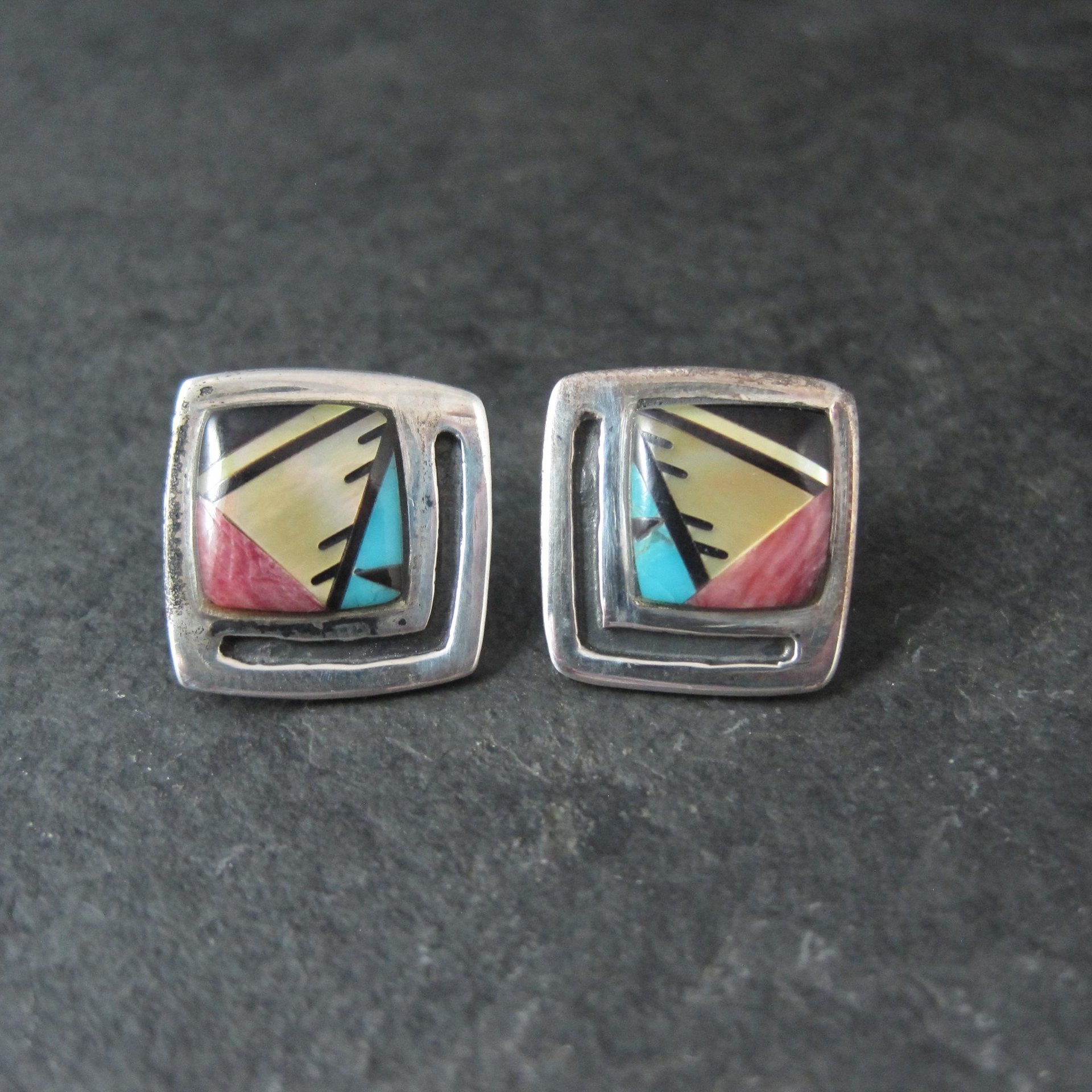 Vintage Southwestern Sterling Inlay Pendant and Earrings Jewelry Set