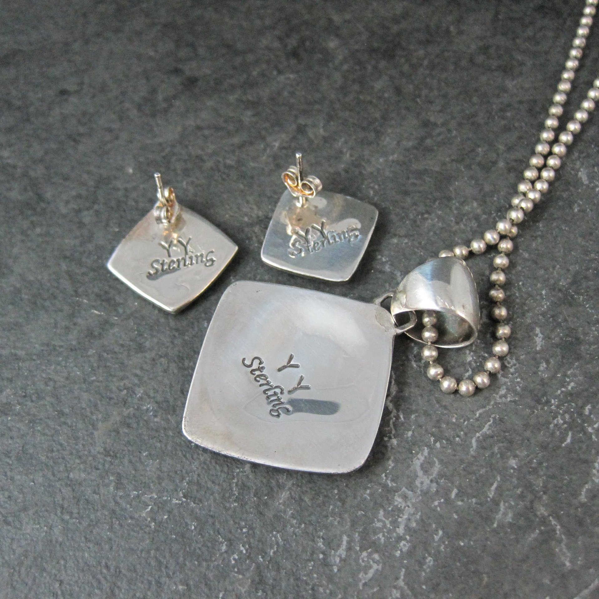 Vintage Southwestern Sterling Inlay Pendant and Earrings Jewelry Set
