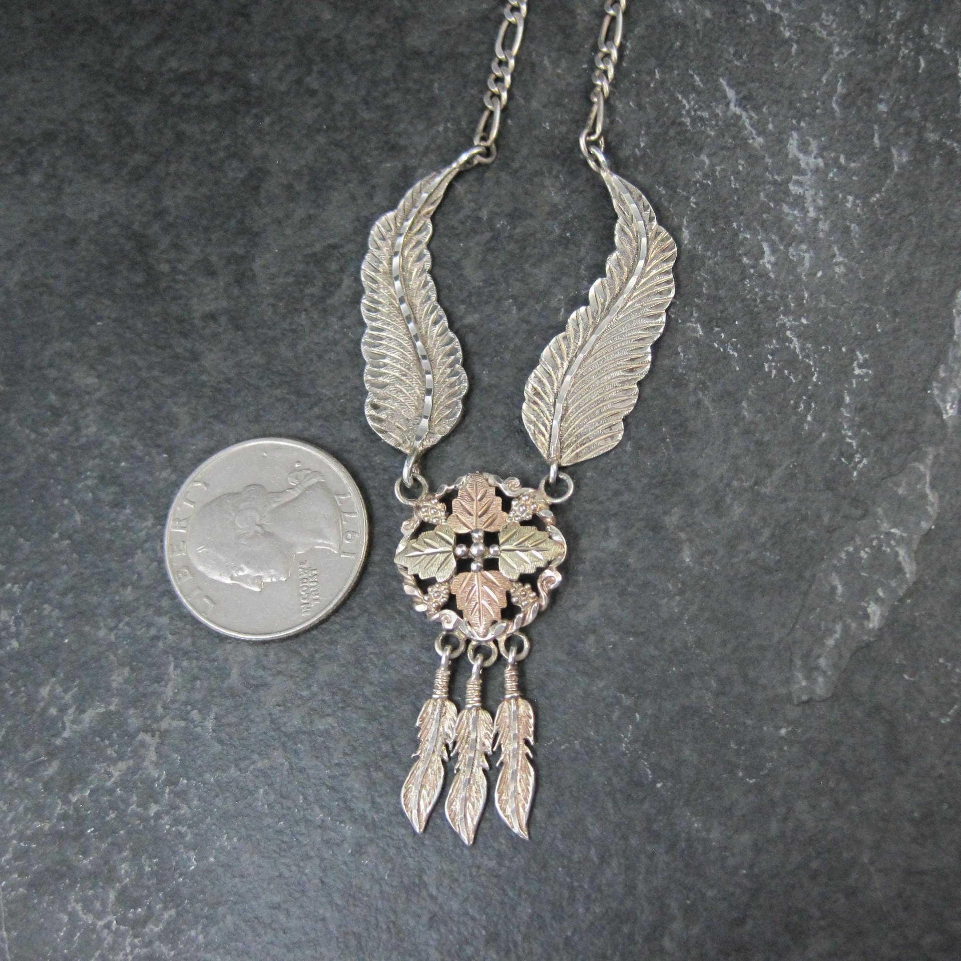 Vintage Black Hills Gold & Silver Feather Necklace Mt Rushmore