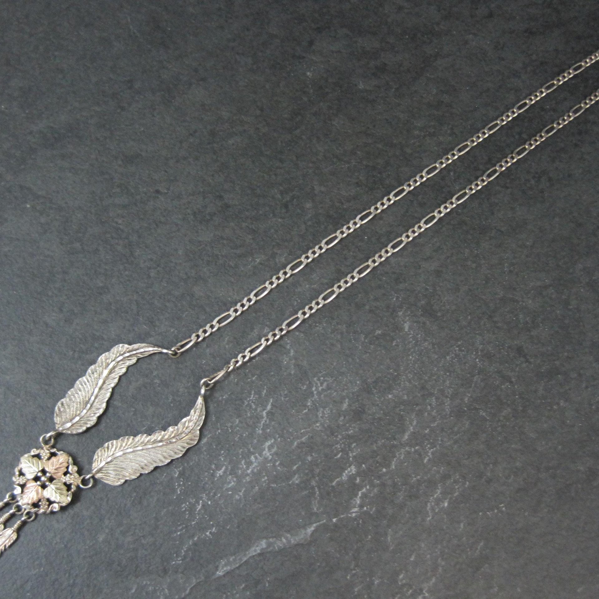 Vintage Black Hills Gold & Silver Feather Necklace Mt Rushmore