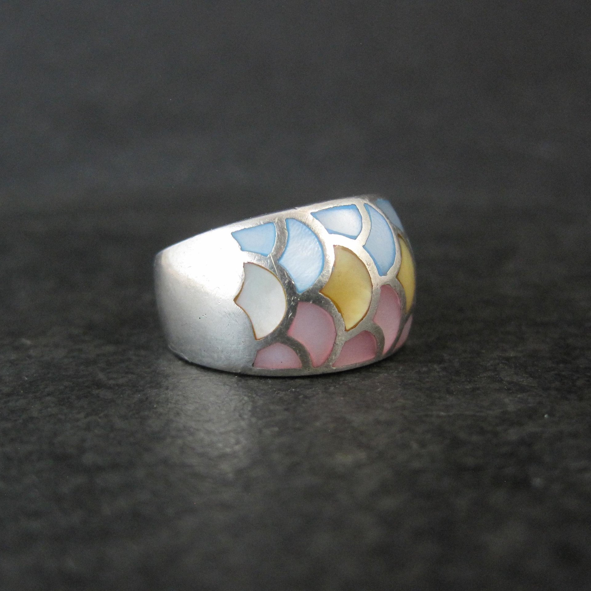 Wide Mother of Pearl Sterling Silver Band Ring Size 8 Vintage