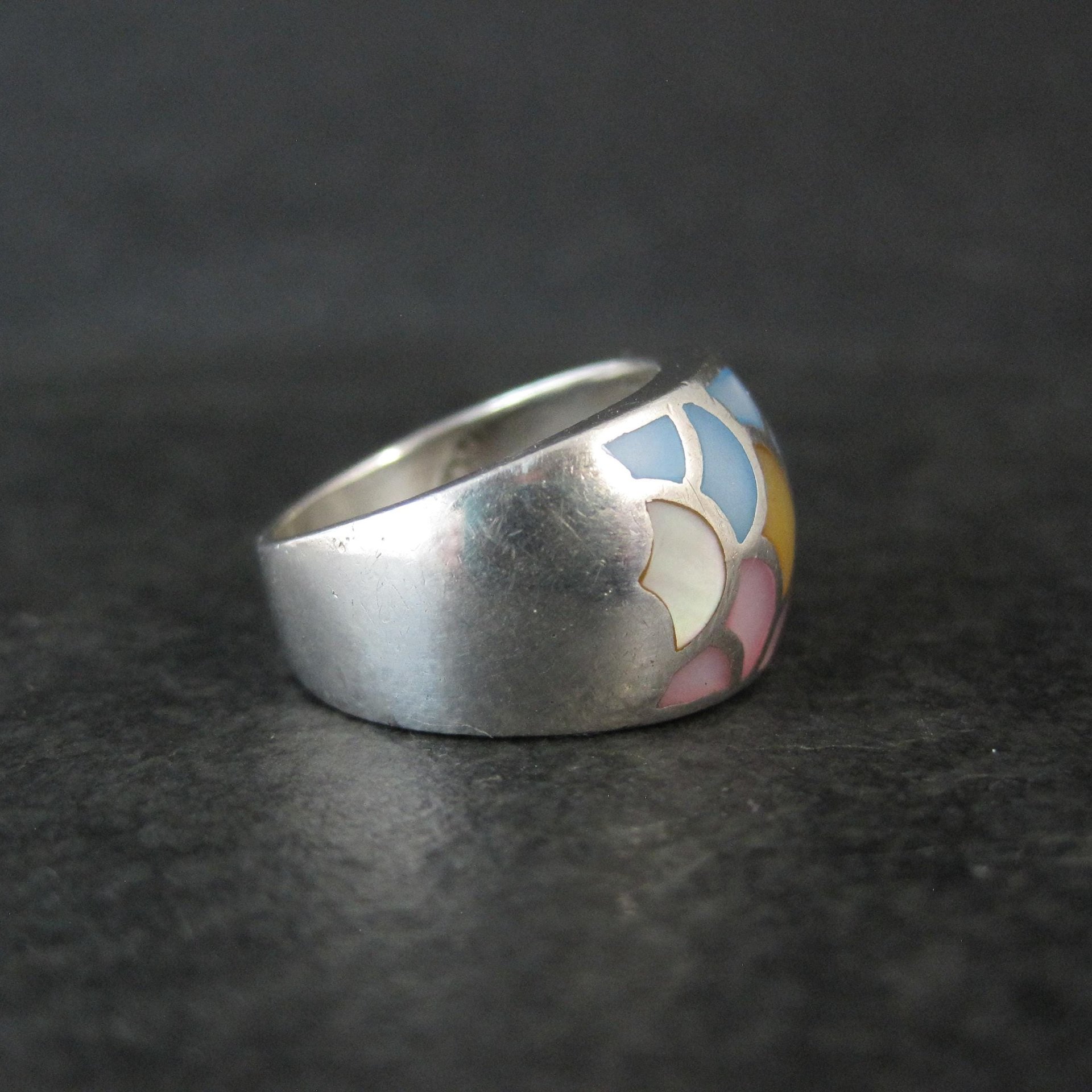 Wide Mother of Pearl Sterling Silver Band Ring Size 8 Vintage