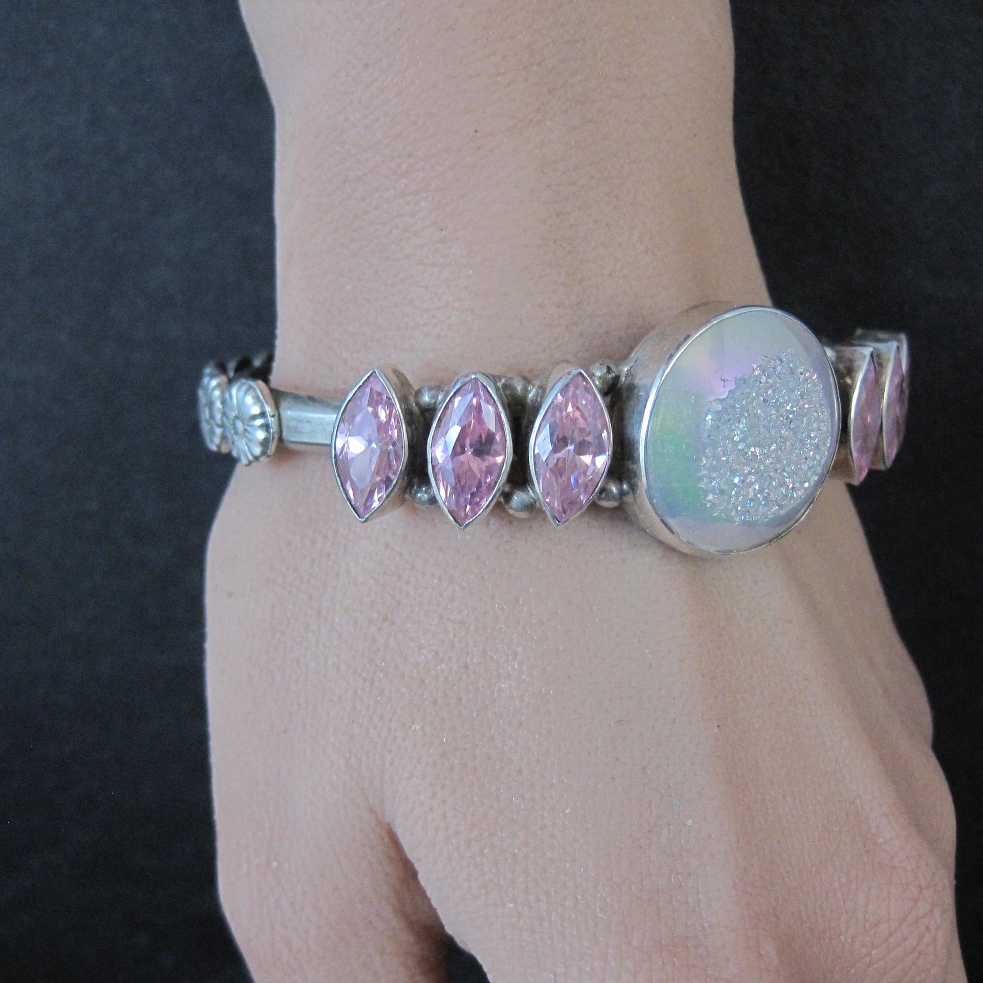 Contemporary Navajo Druzy Pink Tourmaline Cuff Bracelet Ronnie Willie 6.5"