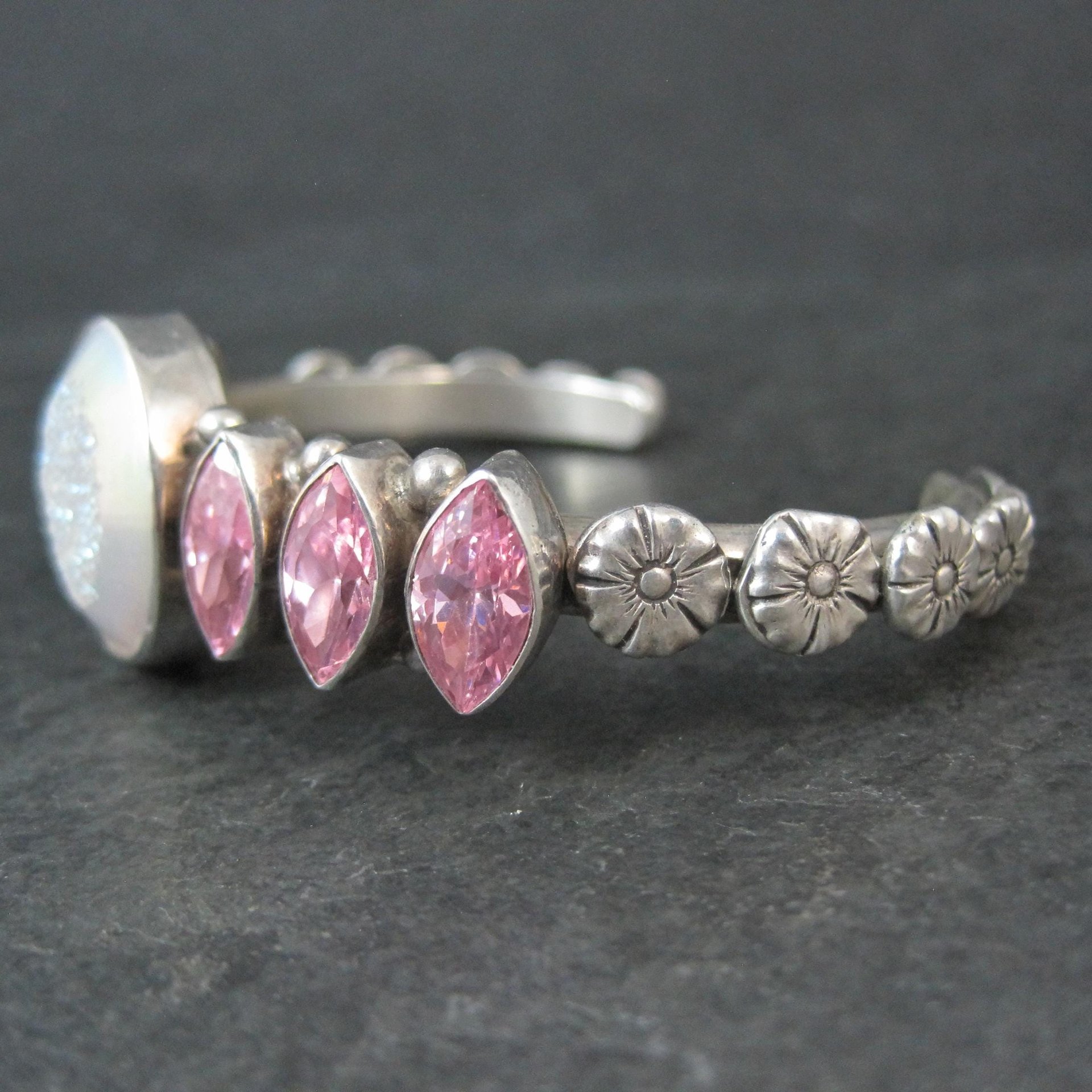 Contemporary Navajo Druzy Pink Tourmaline Cuff Bracelet Ronnie Willie 6.5"