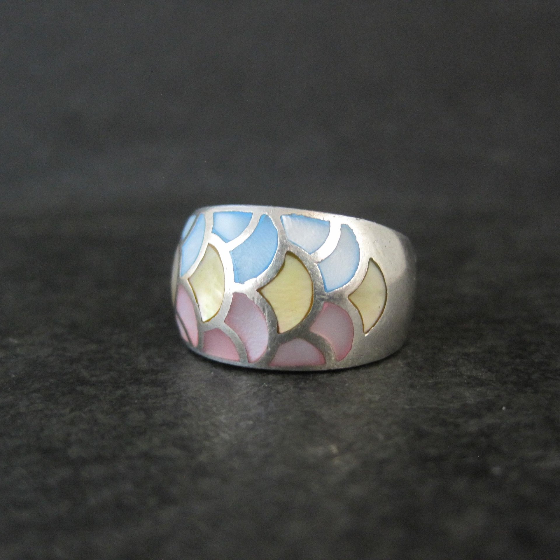 Wide Mother of Pearl Sterling Silver Band Ring Size 8 Vintage