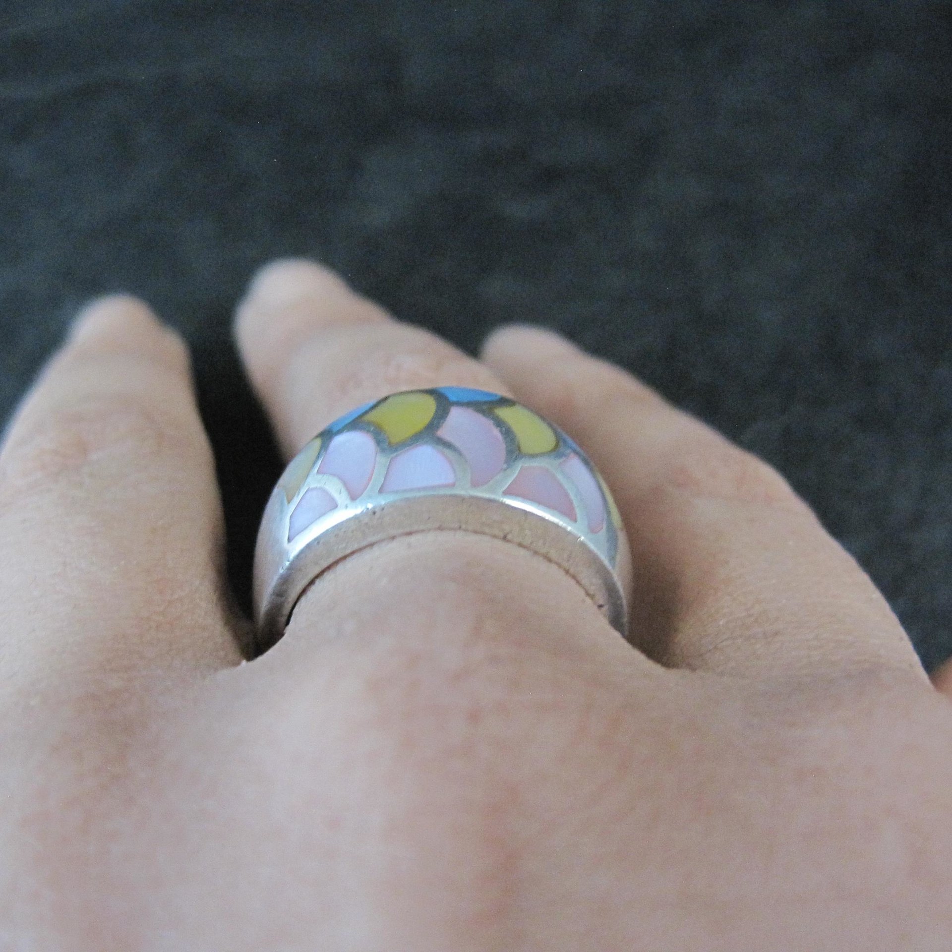 Wide Mother of Pearl Sterling Silver Band Ring Size 8 Vintage