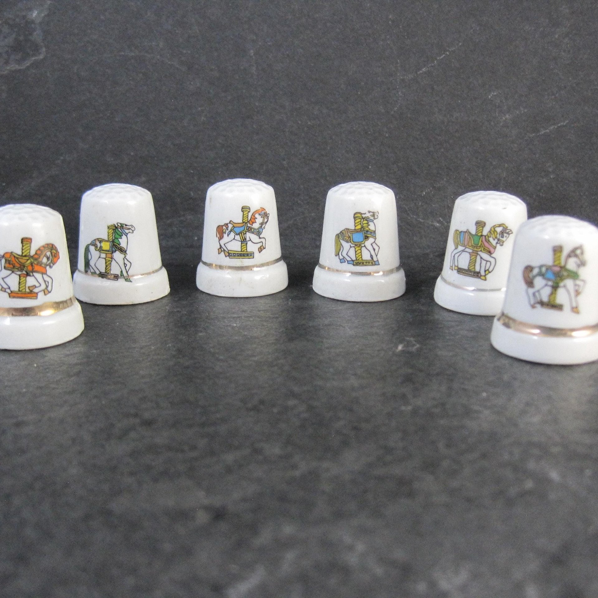 Set of 6 Carousel Horse Thimbles Vintage Porcelain