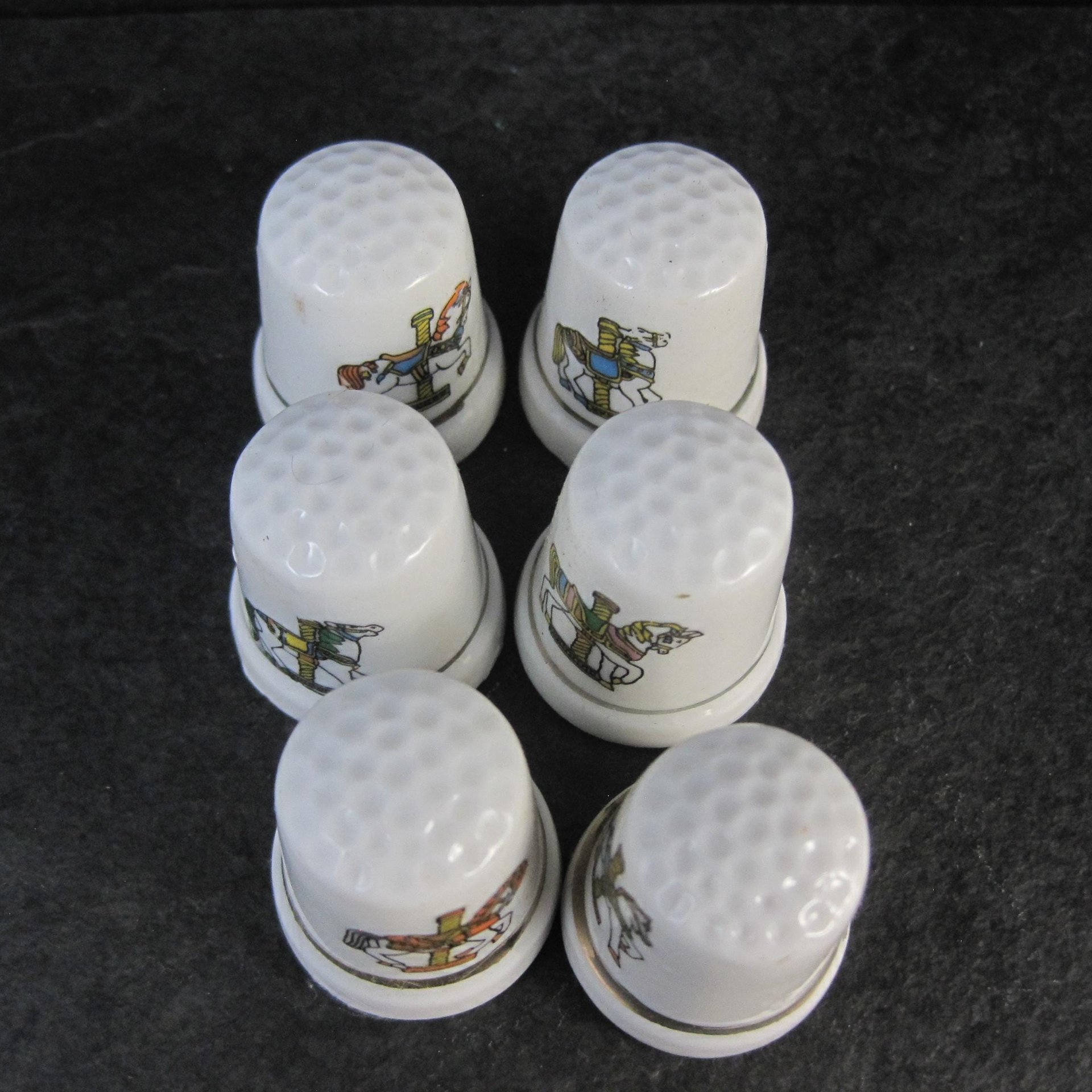 Set of 6 Carousel Horse Thimbles Vintage Porcelain