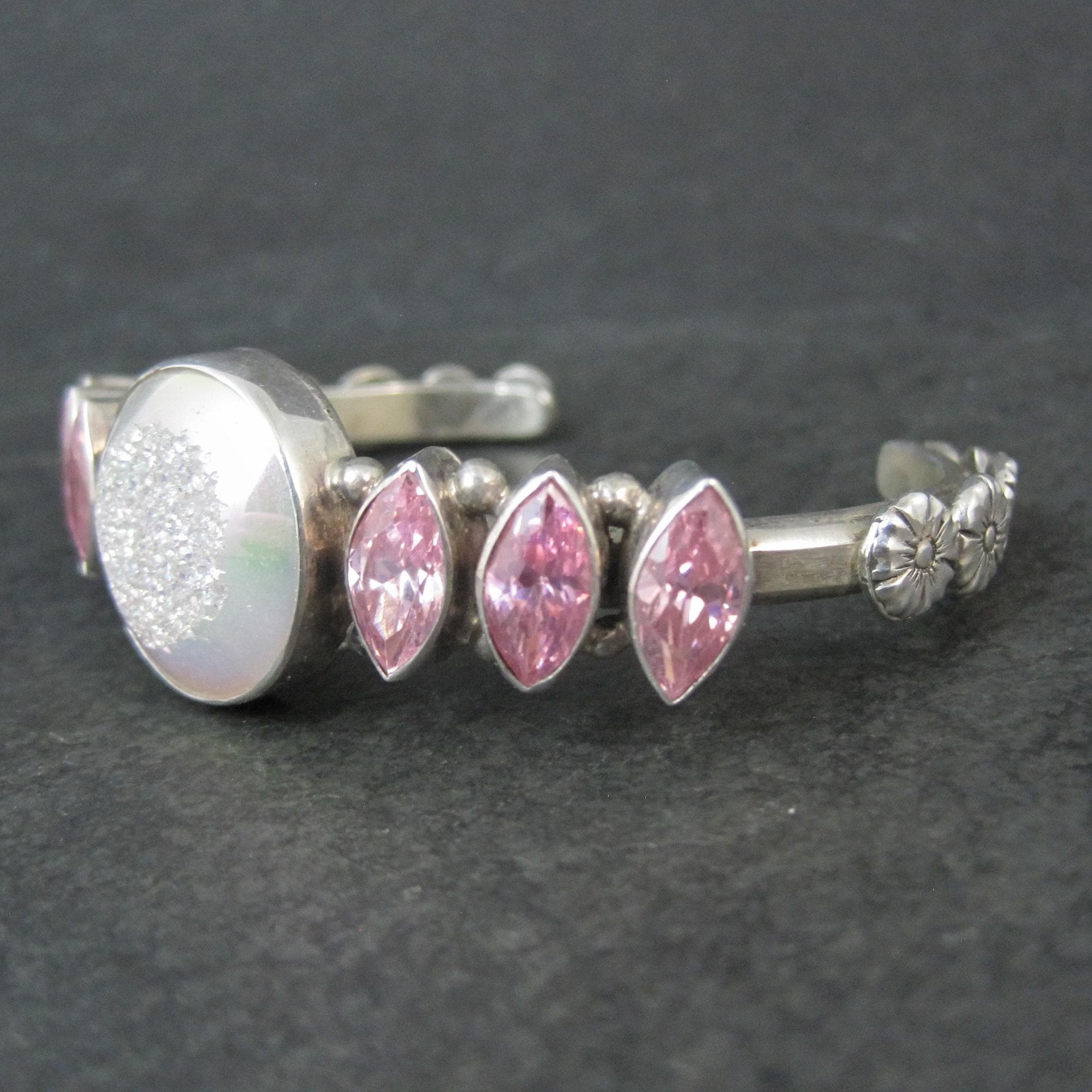 Contemporary Navajo Druzy Pink Tourmaline Cuff Bracelet Ronnie Willie 6.5"