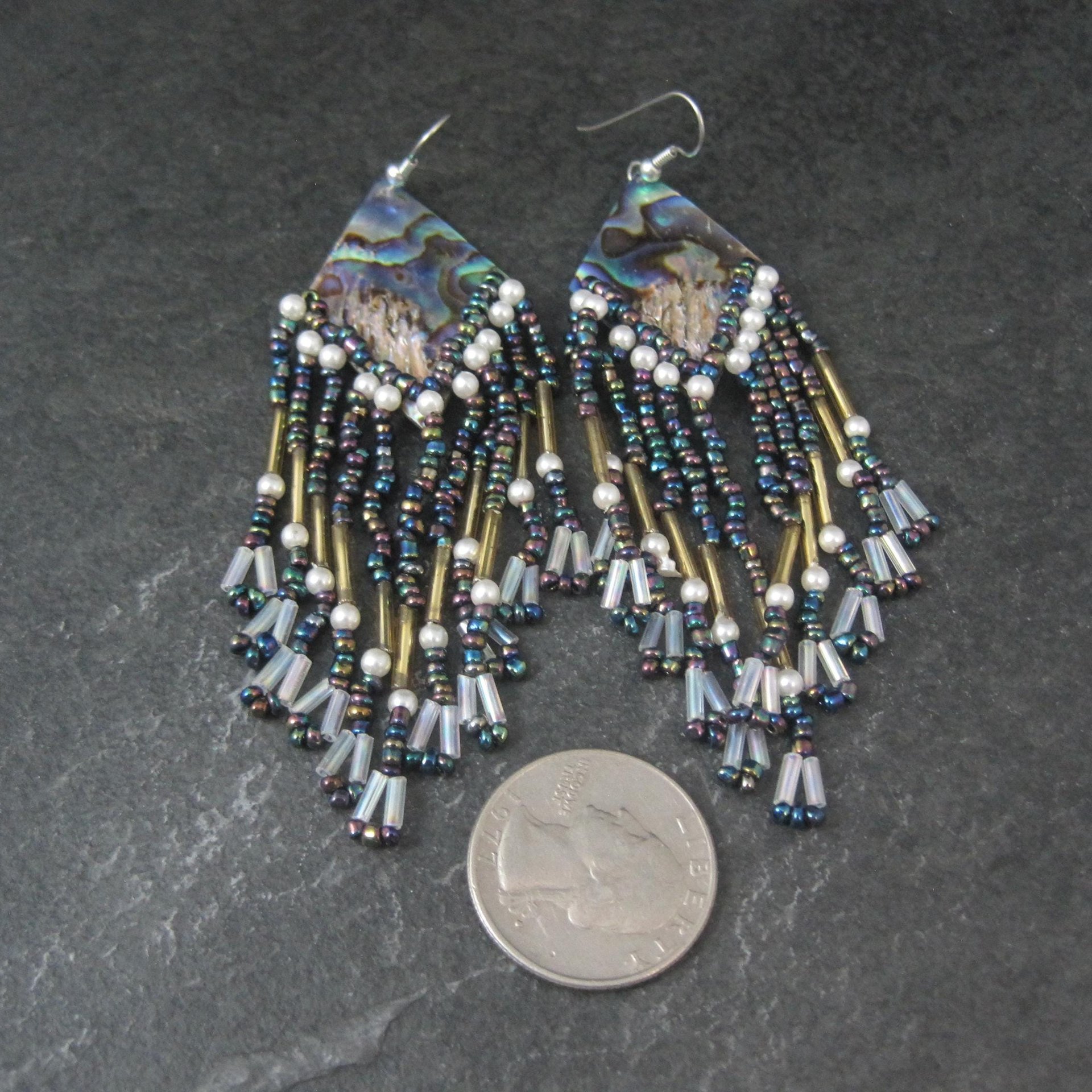 Long Vintage Abalone Beaded Earrings 1980s