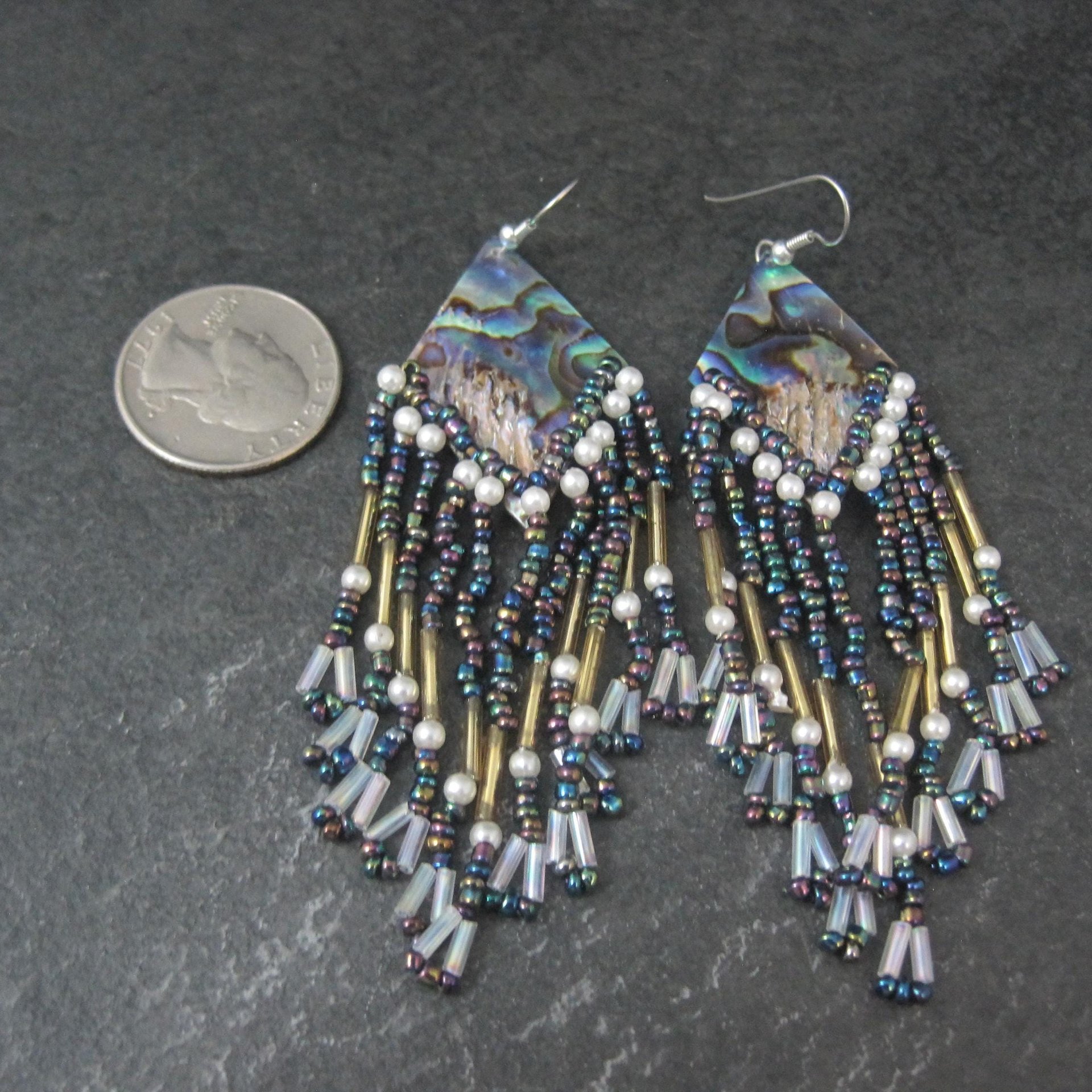 Long Vintage Abalone Beaded Earrings 1980s