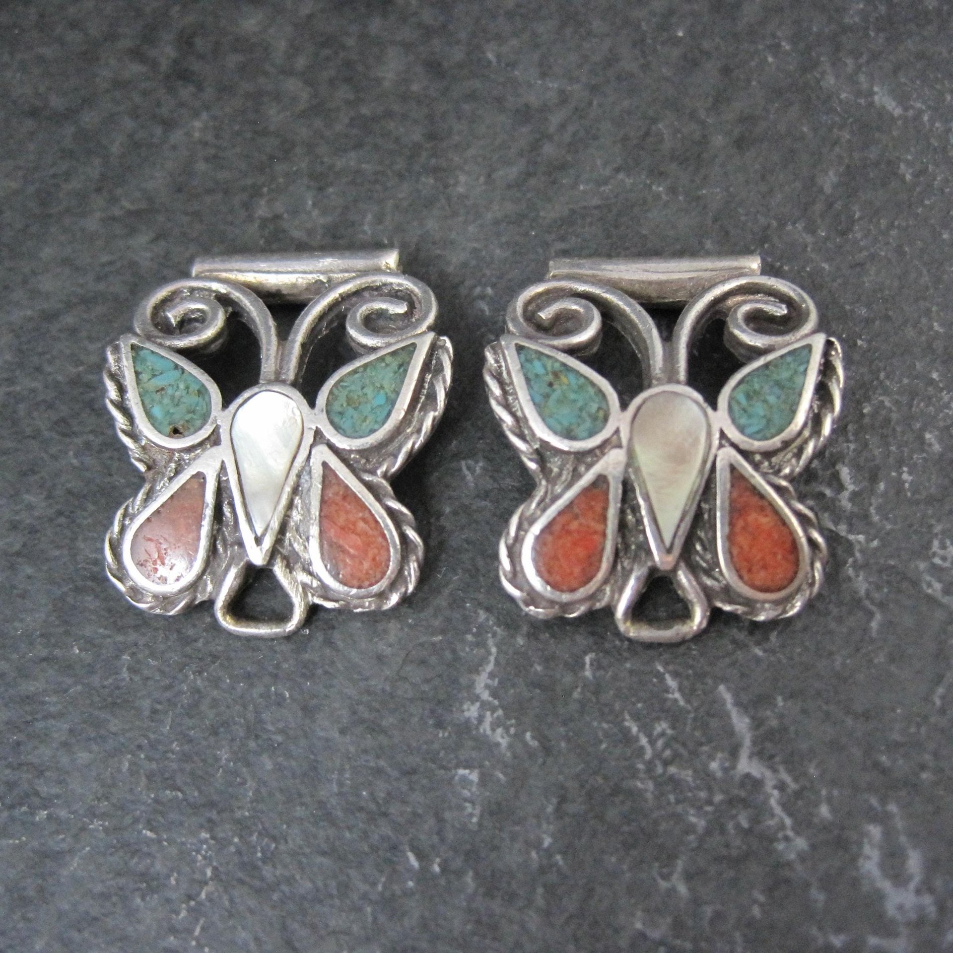 Vintage Inlaid Butterfly Watch Tips Sterling Silver Southwestern